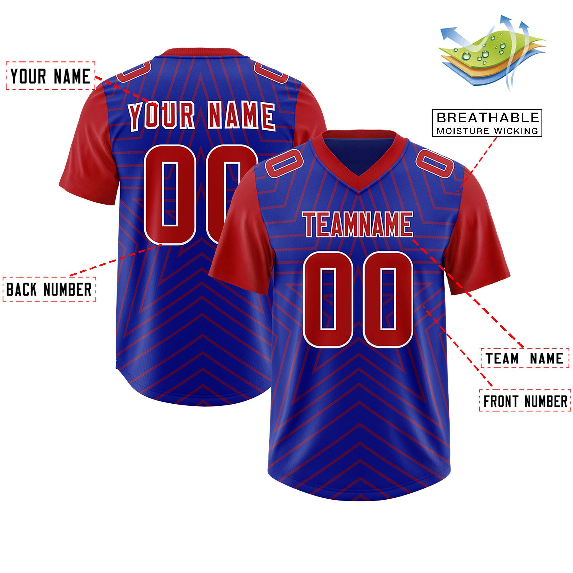 Custom Royal Red Personalized Star Pattern Raglan Sleeves Authentic American Football Jersey