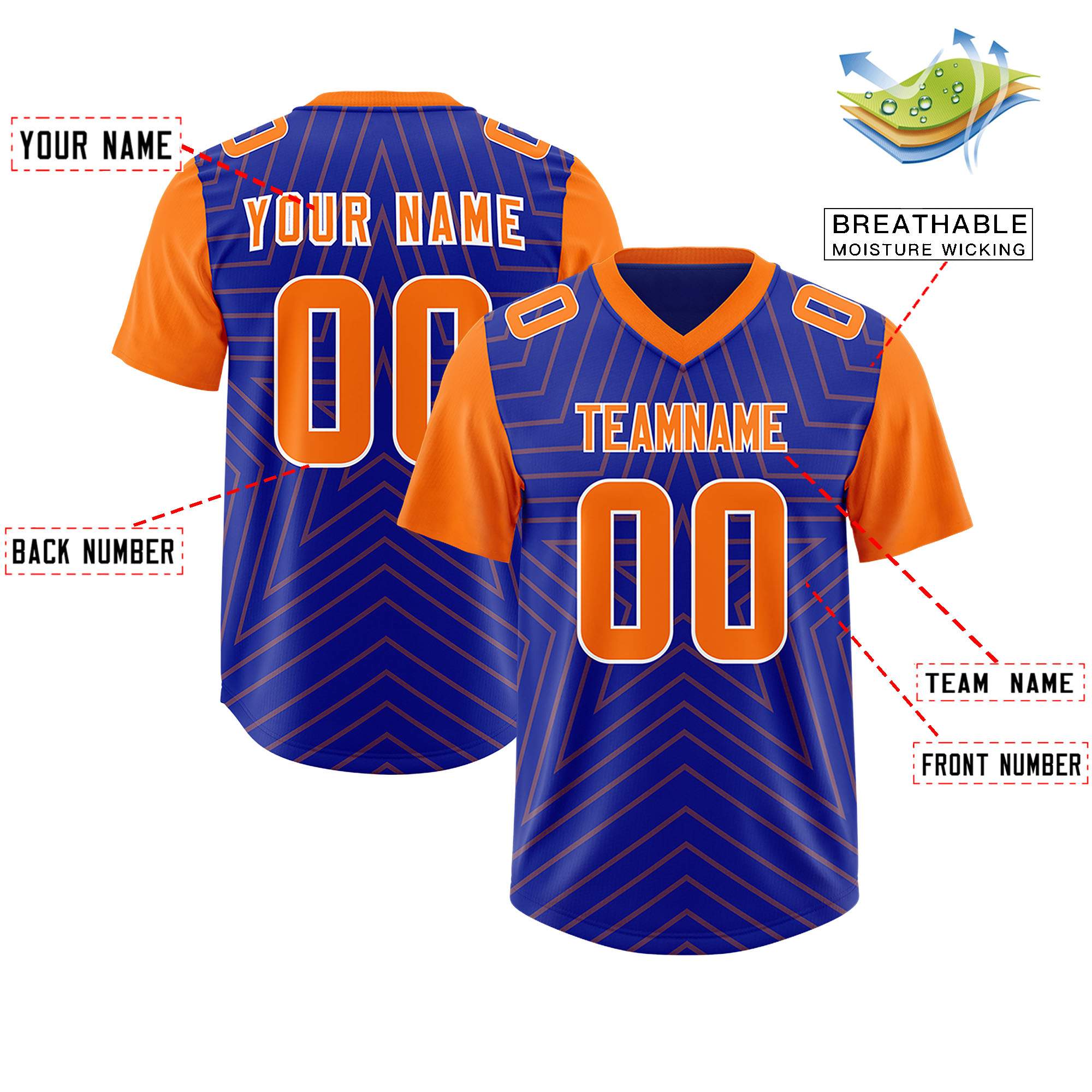 Custom Royal Orange Personalized Star Pattern Raglan Sleeves Authentic American Football Jersey