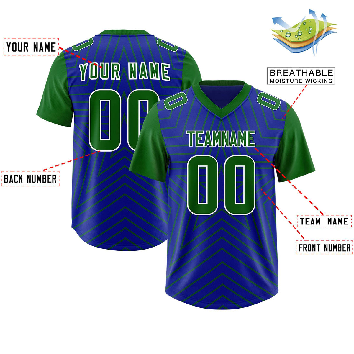 Custom Royal Kelly Green Personalized Star Pattern Raglan Sleeves Authentic American Football Jersey