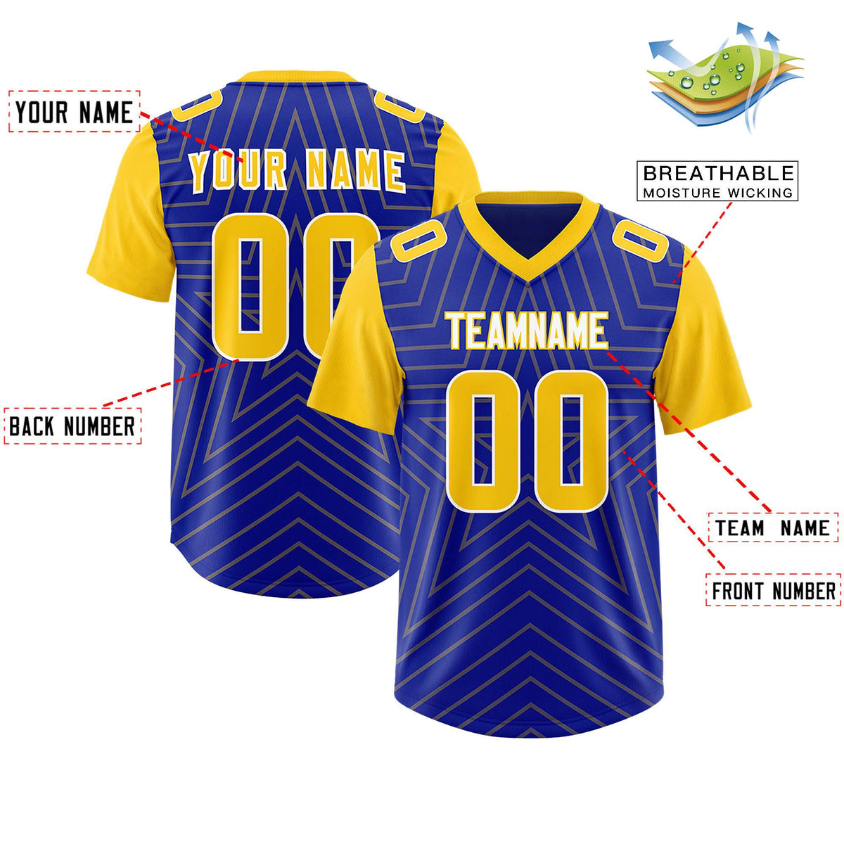 Custom Royal Gold Personalized Star Pattern Raglan Sleeves Authentic American Football Jersey