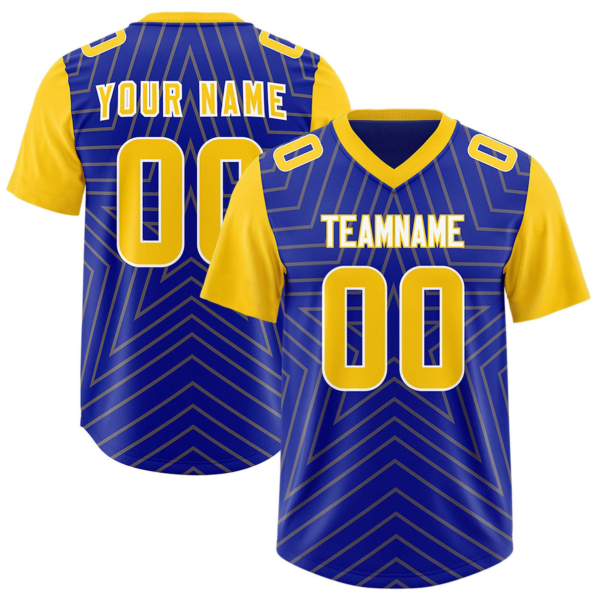 Custom Royal Gold Personalized Star Pattern Raglan Sleeves Authentic American Football Jersey