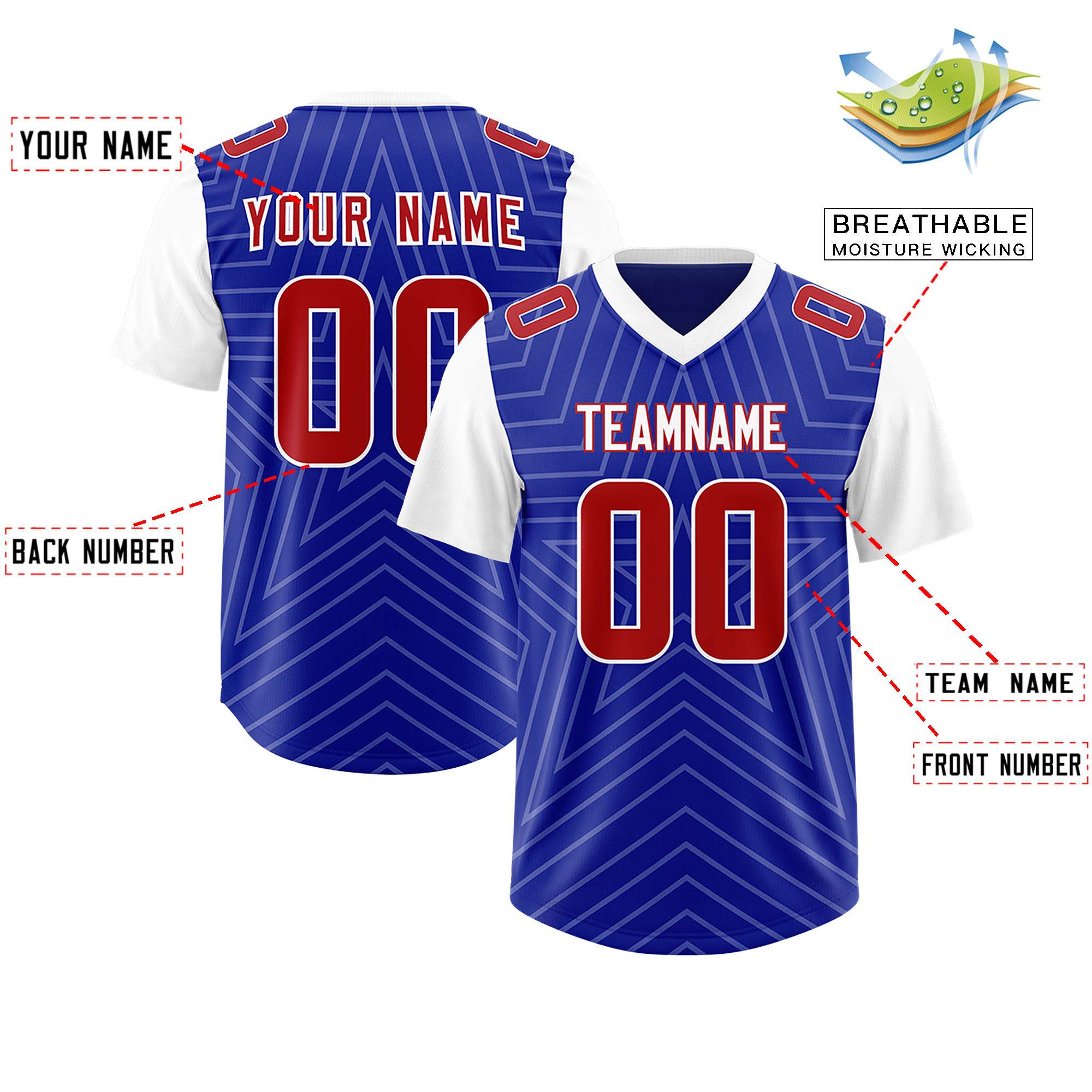Custom Royal White Personalized Star Pattern Raglan Sleeves Authentic American Football Jersey