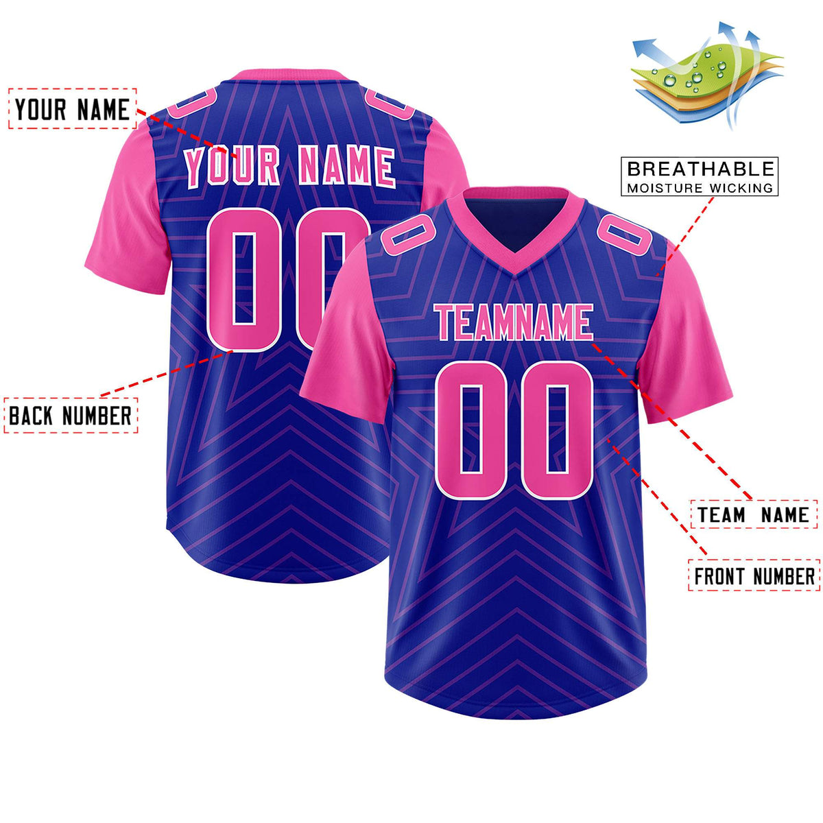 Custom Royal Pink Personalized Star Pattern Raglan Sleeves Authentic American Football Jersey