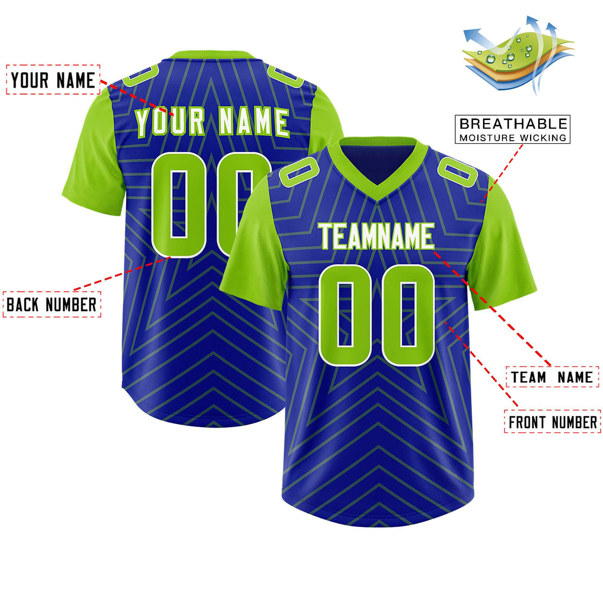 Custom Royal Neon Green Personalized Star Pattern Raglan Sleeves Authentic American Football Jersey