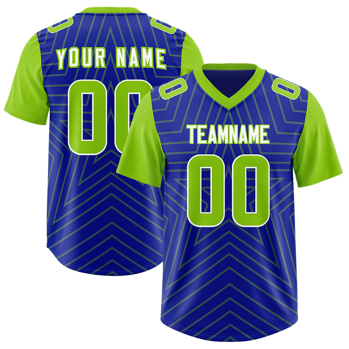 Custom Royal Neon Green Personalized Star Pattern Raglan Sleeves Authentic American Football Jersey