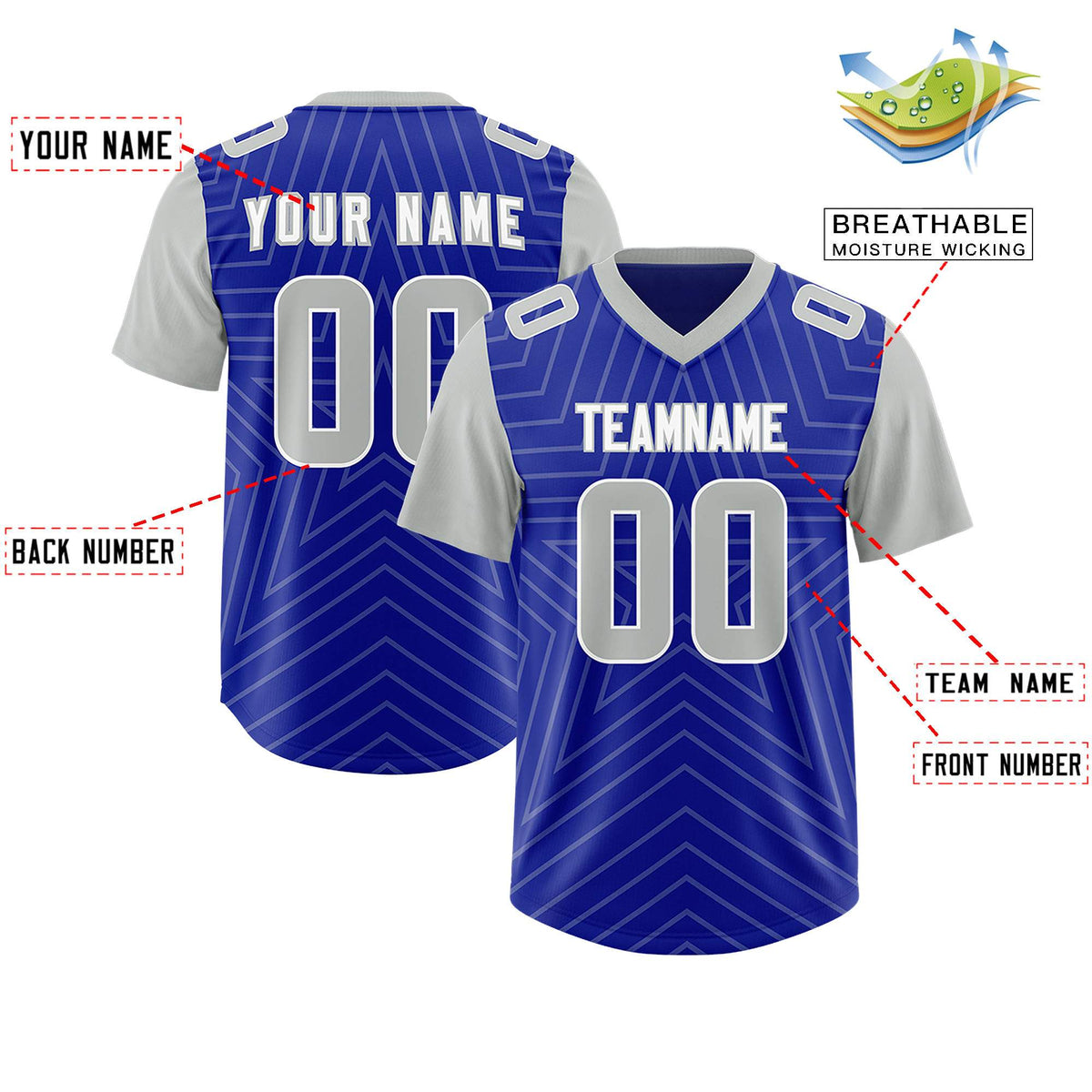 Custom Royal Gray Personalized Star Pattern Raglan Sleeves Authentic American Football Jersey