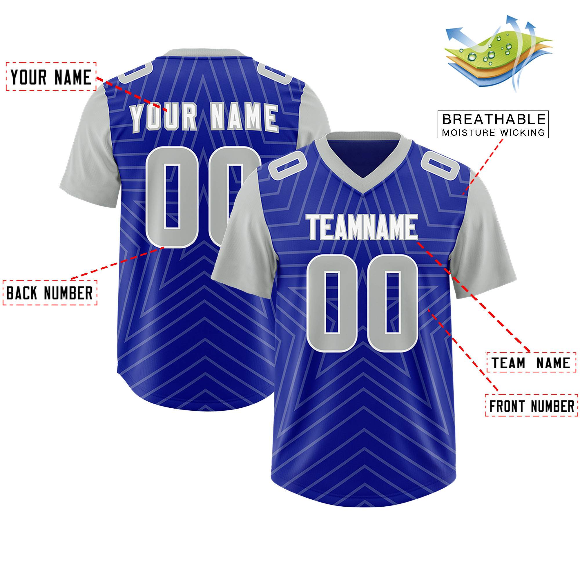 Custom Royal Gray Personalized Star Pattern Raglan Sleeves Authentic American Football Jersey