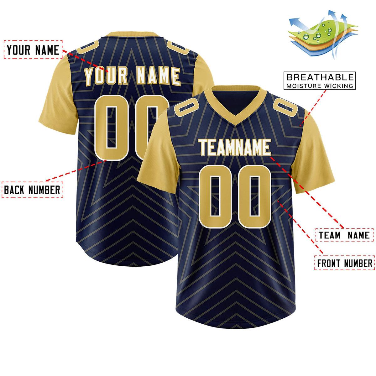 Custom Navy Old Gold Personalized Star Pattern Raglan Sleeves Authentic American Football Jersey