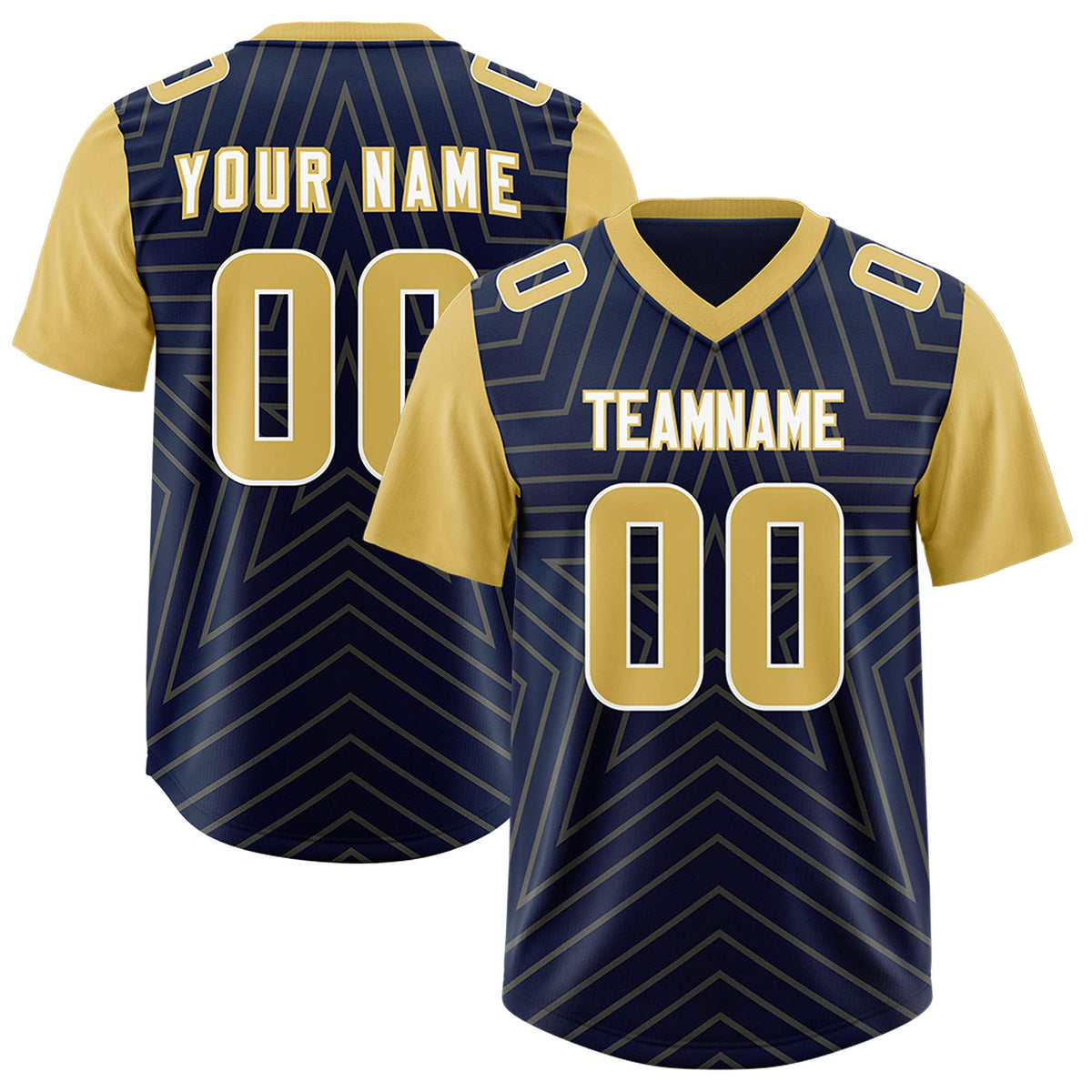 Custom Navy Old Gold Personalized Star Pattern Raglan Sleeves Authentic American Football Jersey