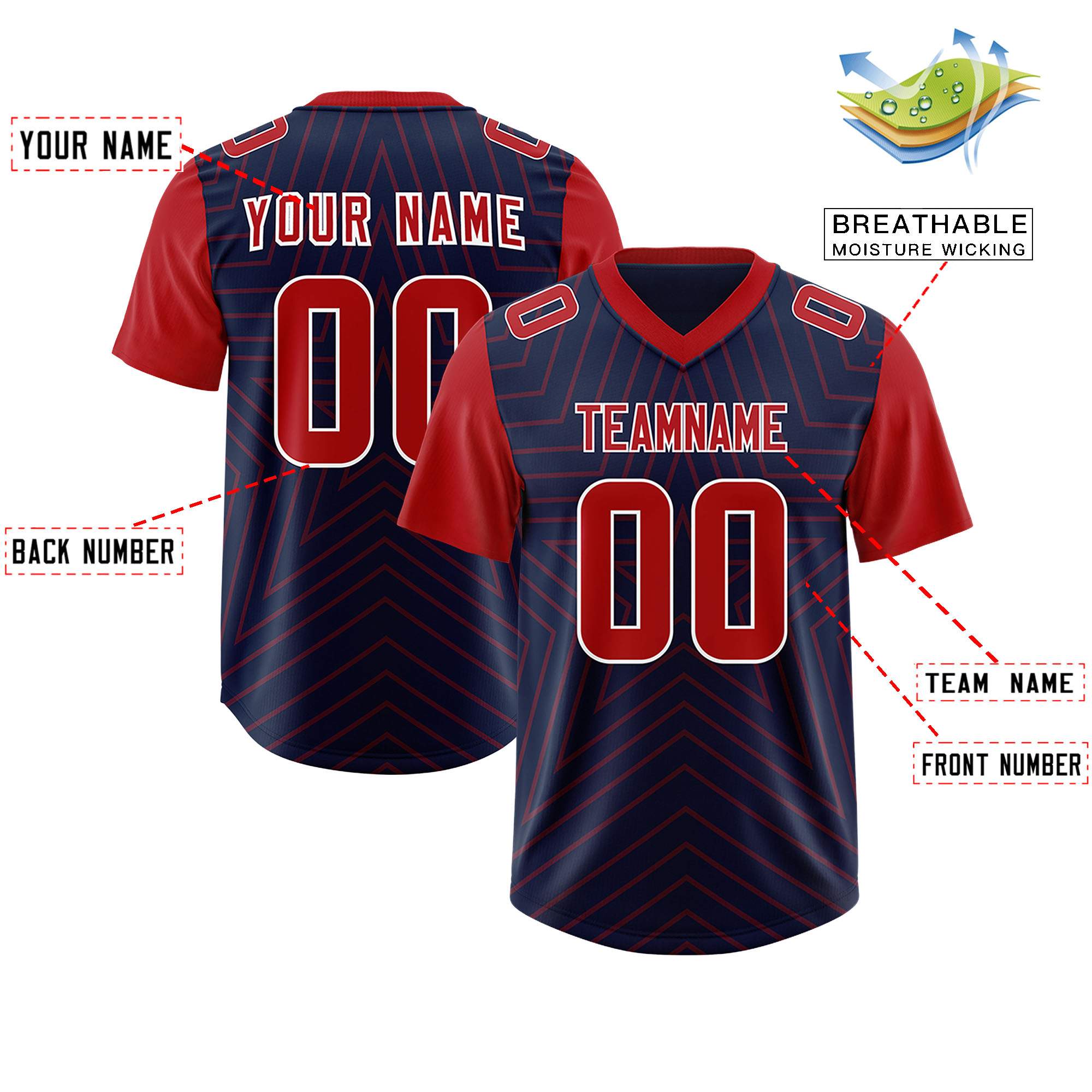Custom Navy Red Personalized Star Pattern Raglan Sleeves Authentic American Football Jersey