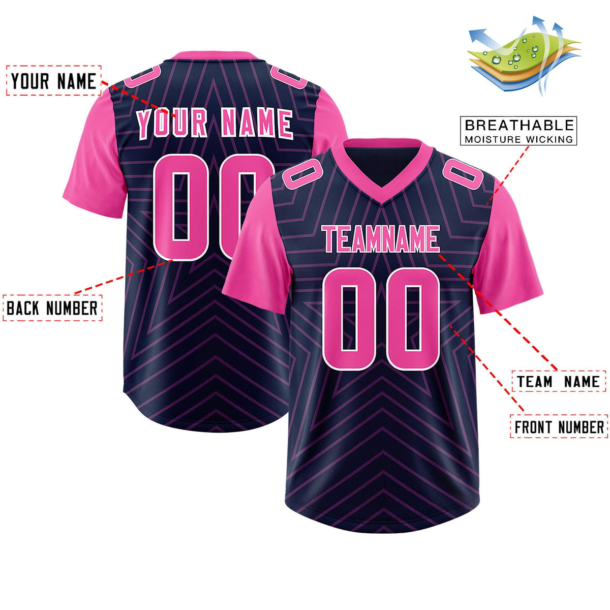 Custom Navy Pink Personalized Star Pattern Raglan Sleeves Authentic American Football Jersey