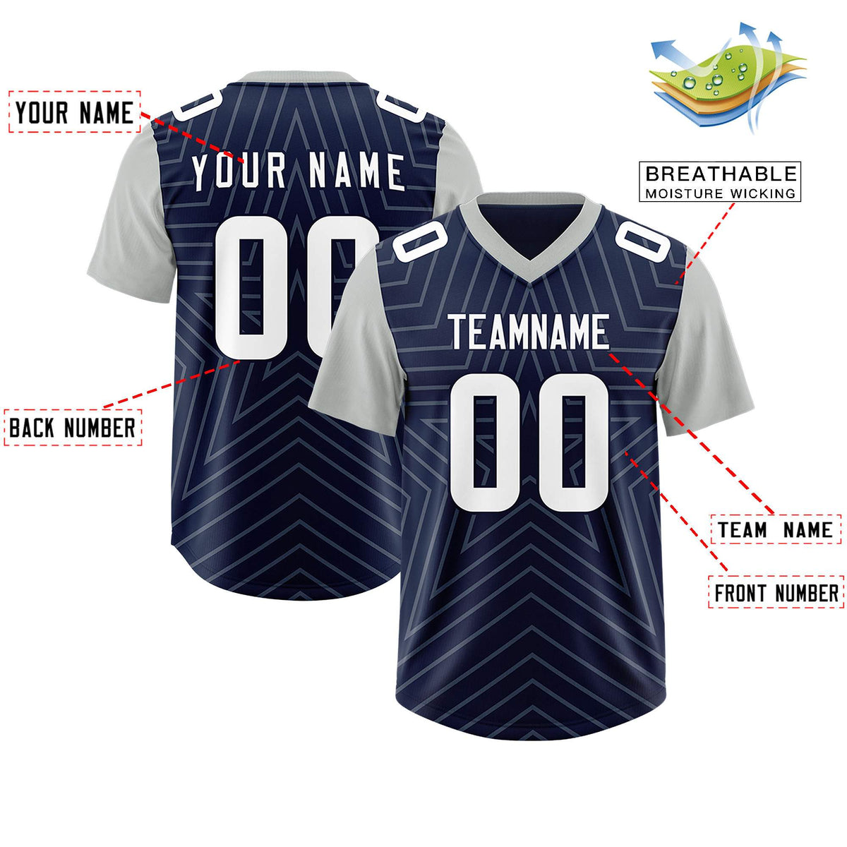 Custom Navy Gray Personalized Star Pattern Raglan Sleeves Authentic American Football Jersey