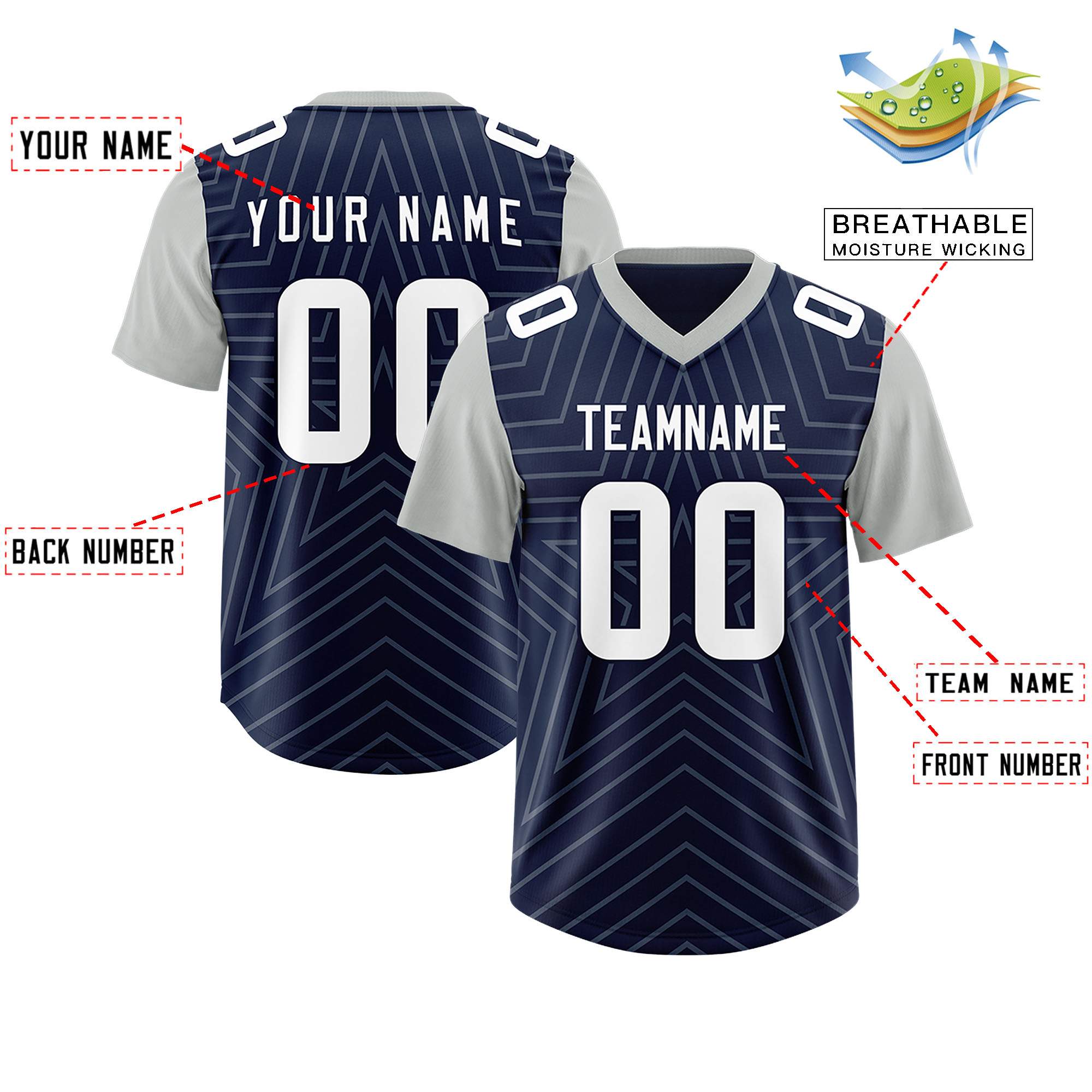 Custom Navy Gray Personalized Star Pattern Raglan Sleeves Authentic American Football Jersey