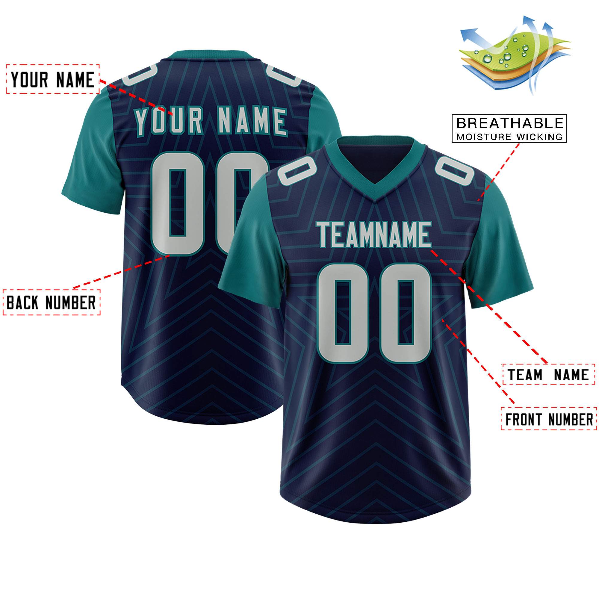 Custom Navy Aqua Personalized Star Pattern Raglan Sleeves Authentic American Football Jersey