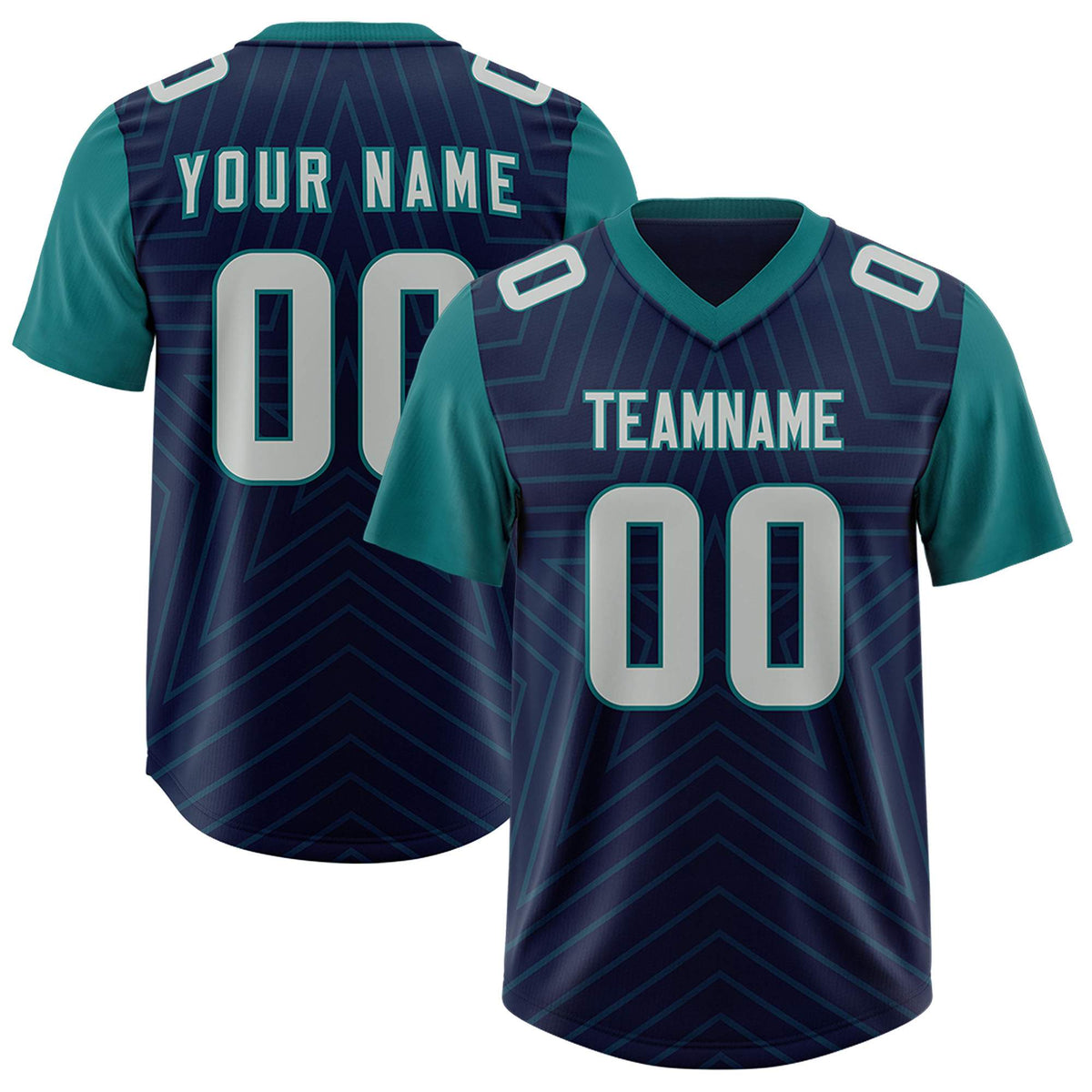 Custom Navy Aqua Personalized Star Pattern Raglan Sleeves Authentic American Football Jersey