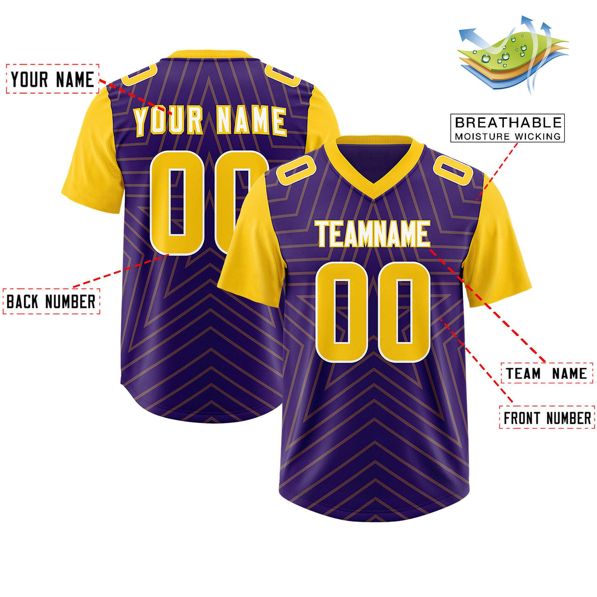Custom Purple Gold Personalized Star Pattern Raglan Sleeves Authentic American Football Jersey