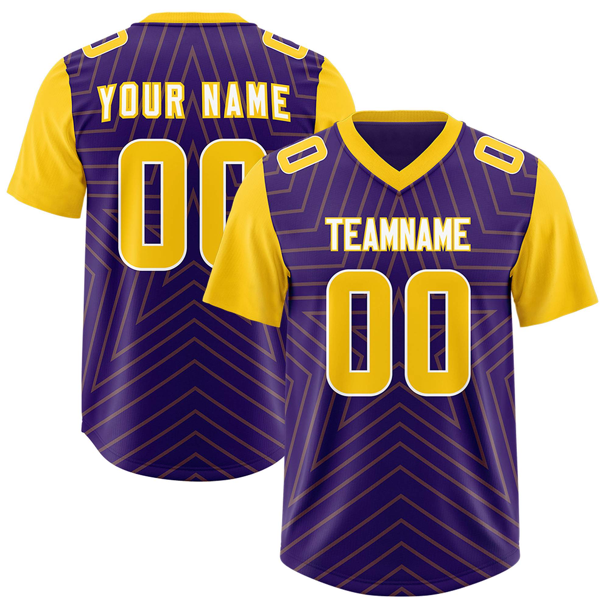 Custom Purple Gold Personalized Star Pattern Raglan Sleeves Authentic American Football Jersey