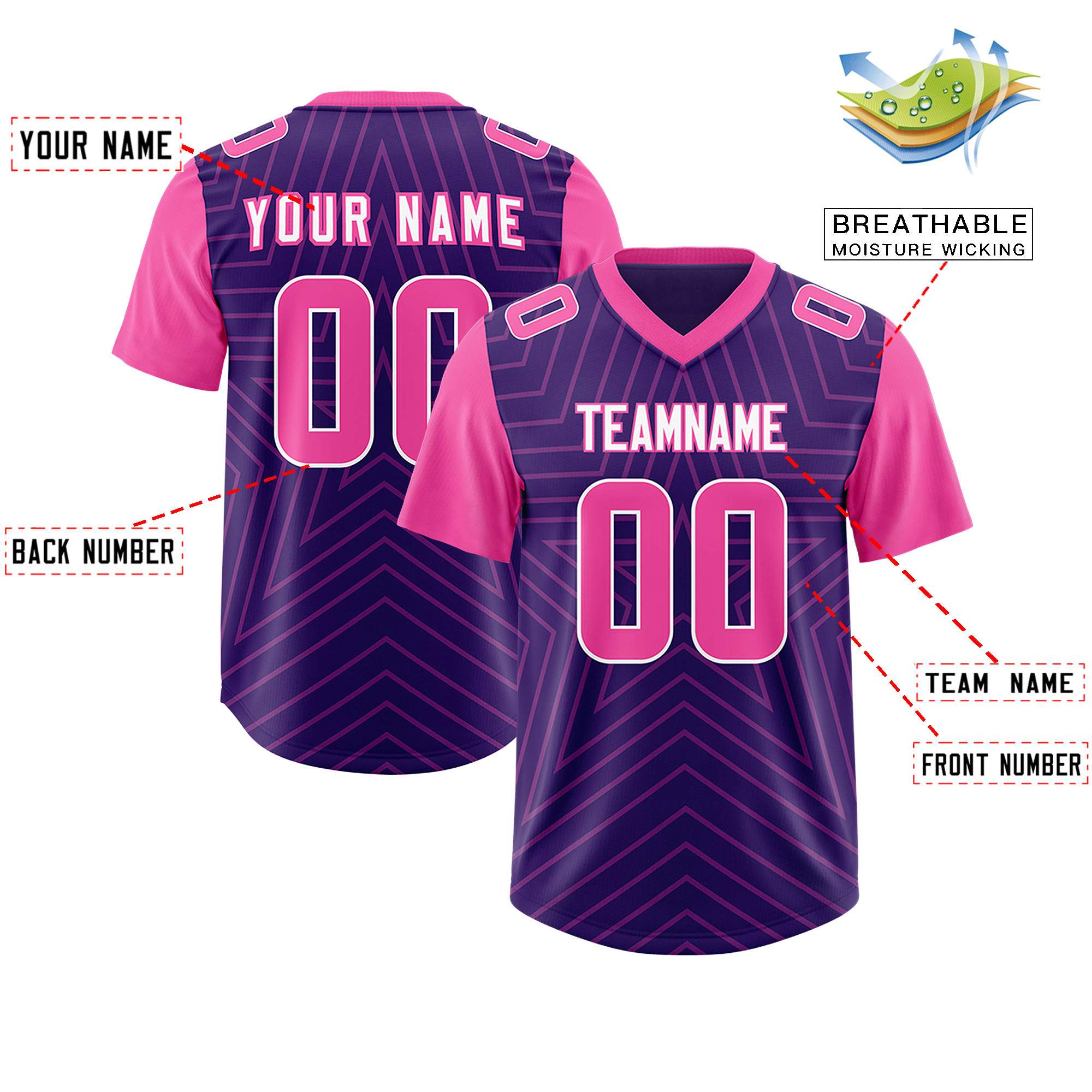 Custom Purple Pink Personalized Star Pattern Raglan Sleeves Authentic American Football Jersey