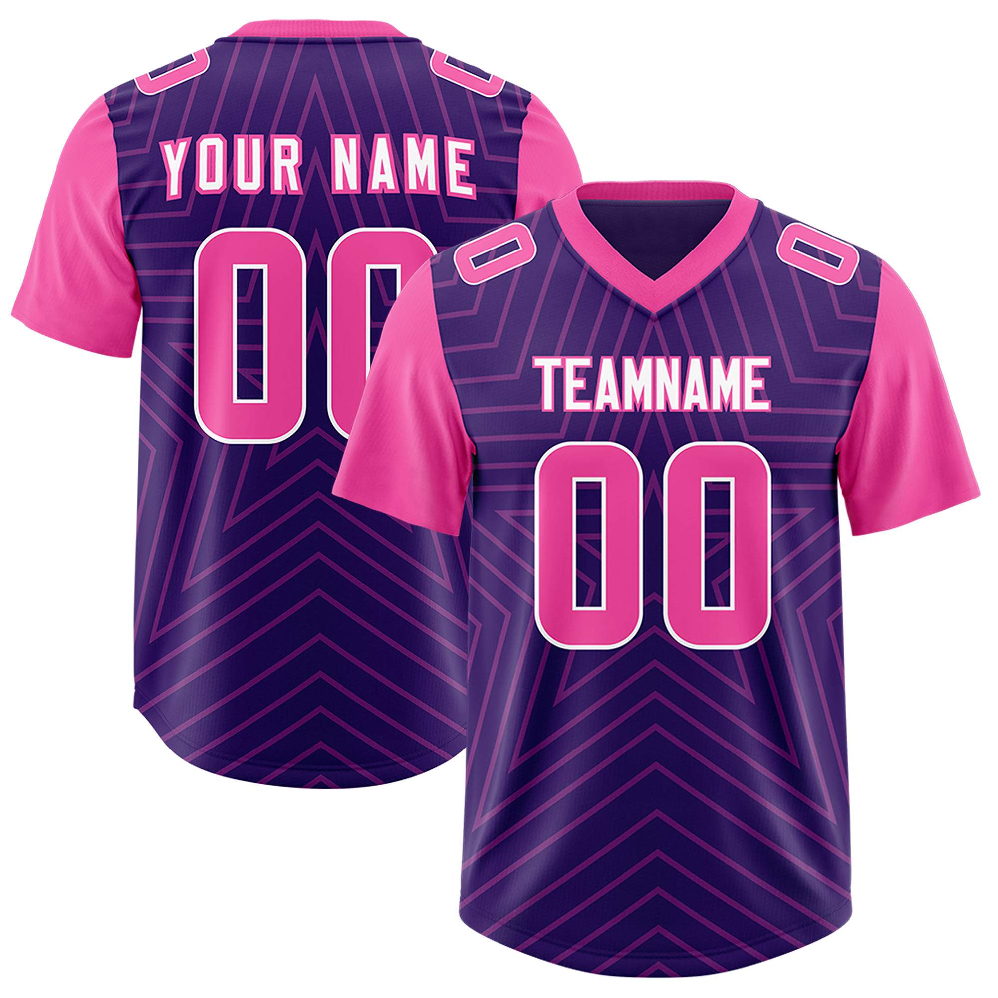 Custom Purple Pink Personalized Star Pattern Raglan Sleeves Authentic American Football Jersey