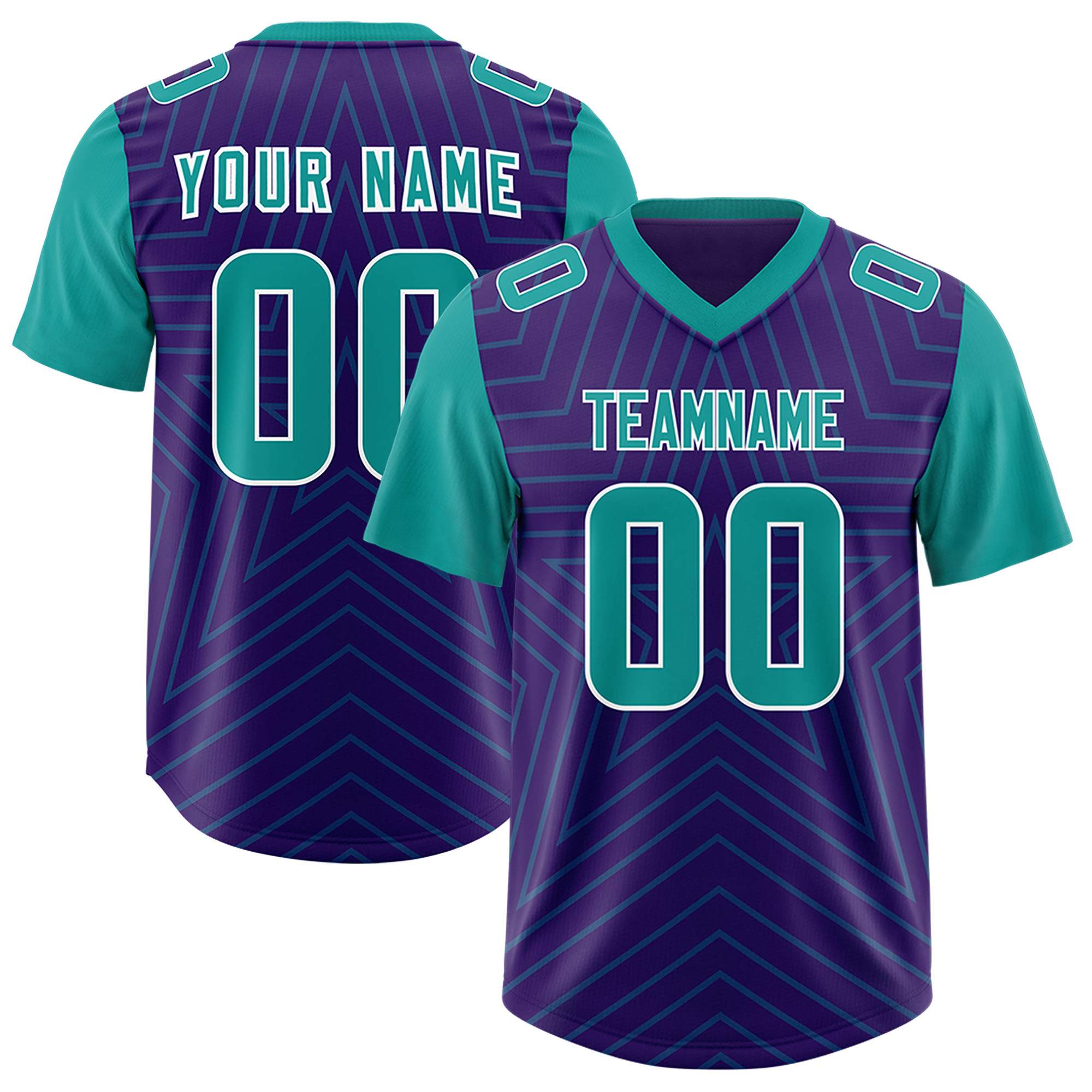 Custom Purple Aqua Personalized Star Pattern Raglan Sleeves Authentic American Football Jersey