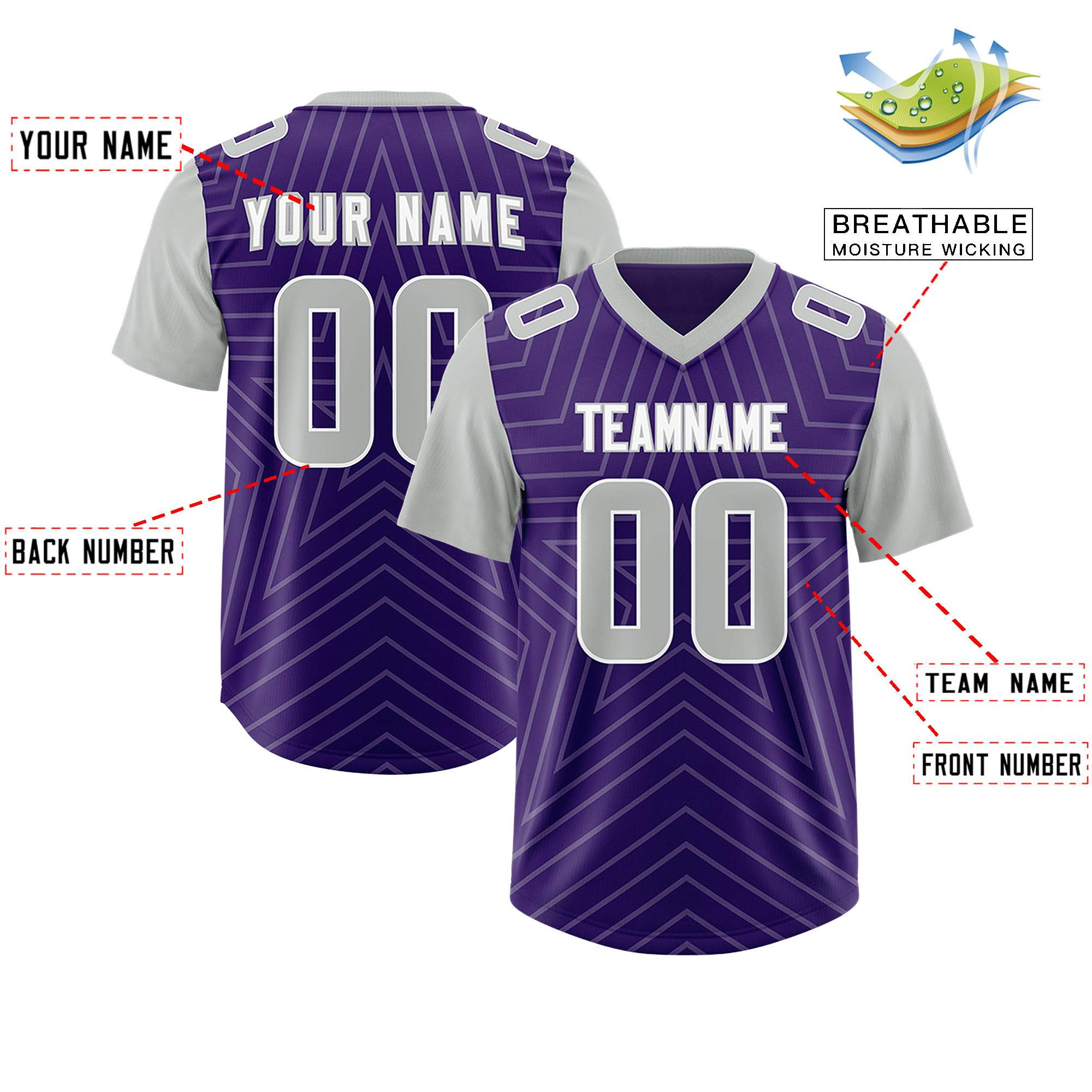 Custom Purple Gray Personalized Star Pattern Raglan Sleeves Authentic American Football Jersey