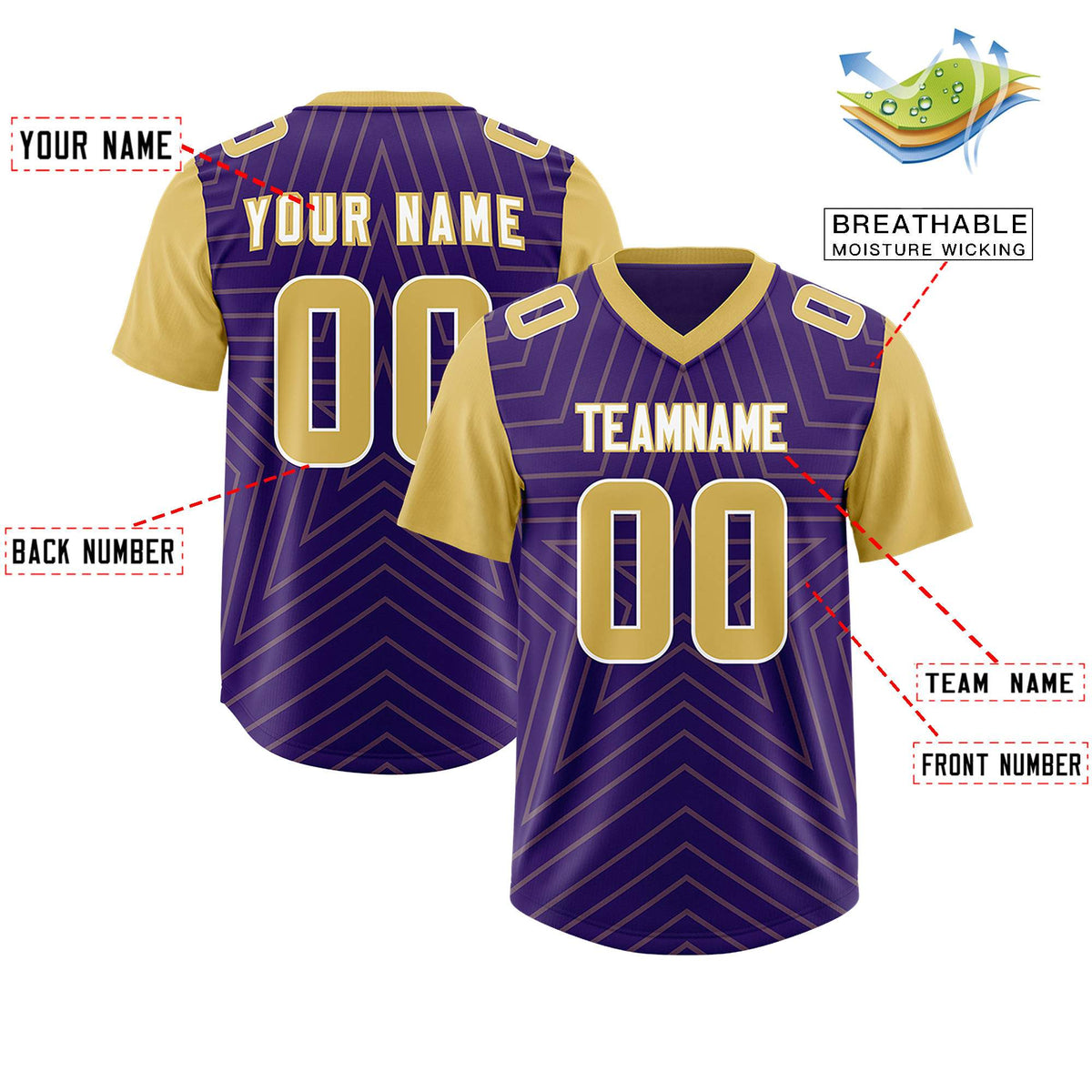 Custom Purple Old Gold Personalized Star Pattern Raglan Sleeves Authentic American Football Jersey