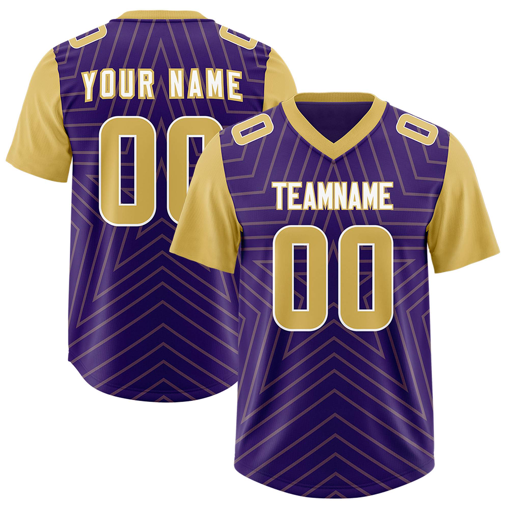 Custom Purple Old Gold Personalized Star Pattern Raglan Sleeves Authentic American Football Jersey