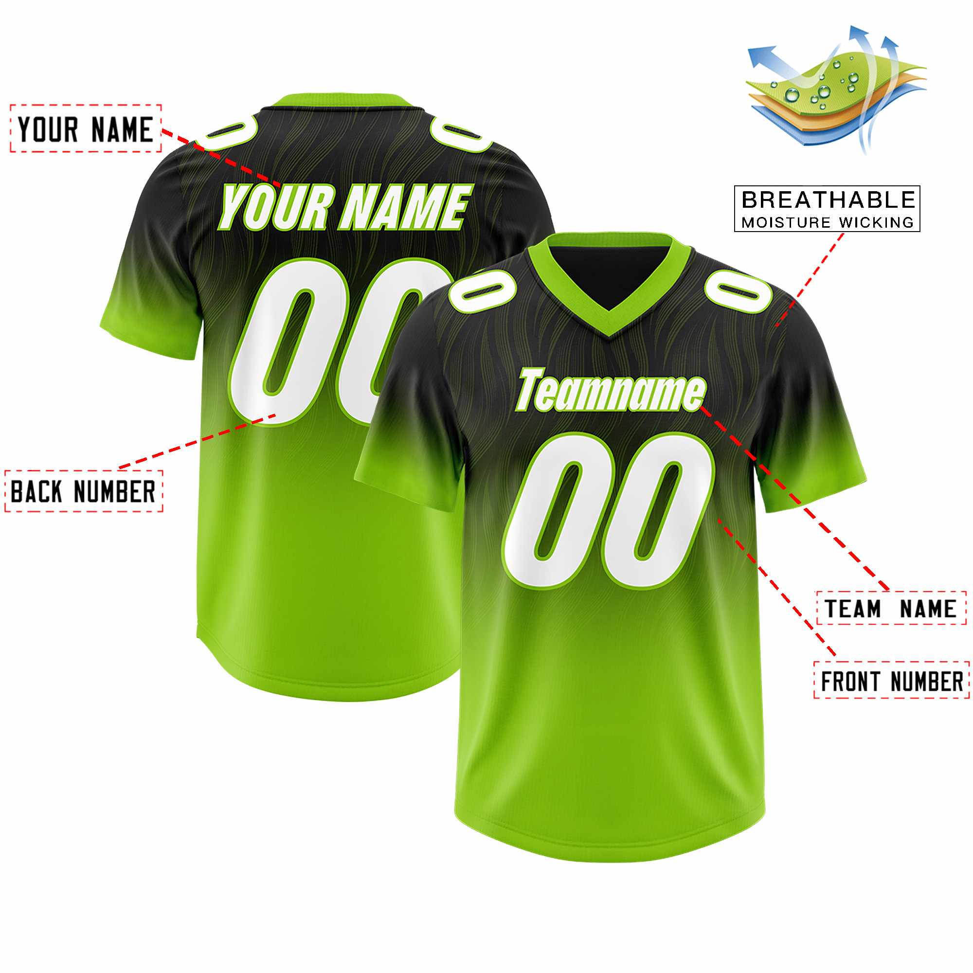 Custom Black Neon Green Gradient Fashion Outdoor Authentic American Football Jersey