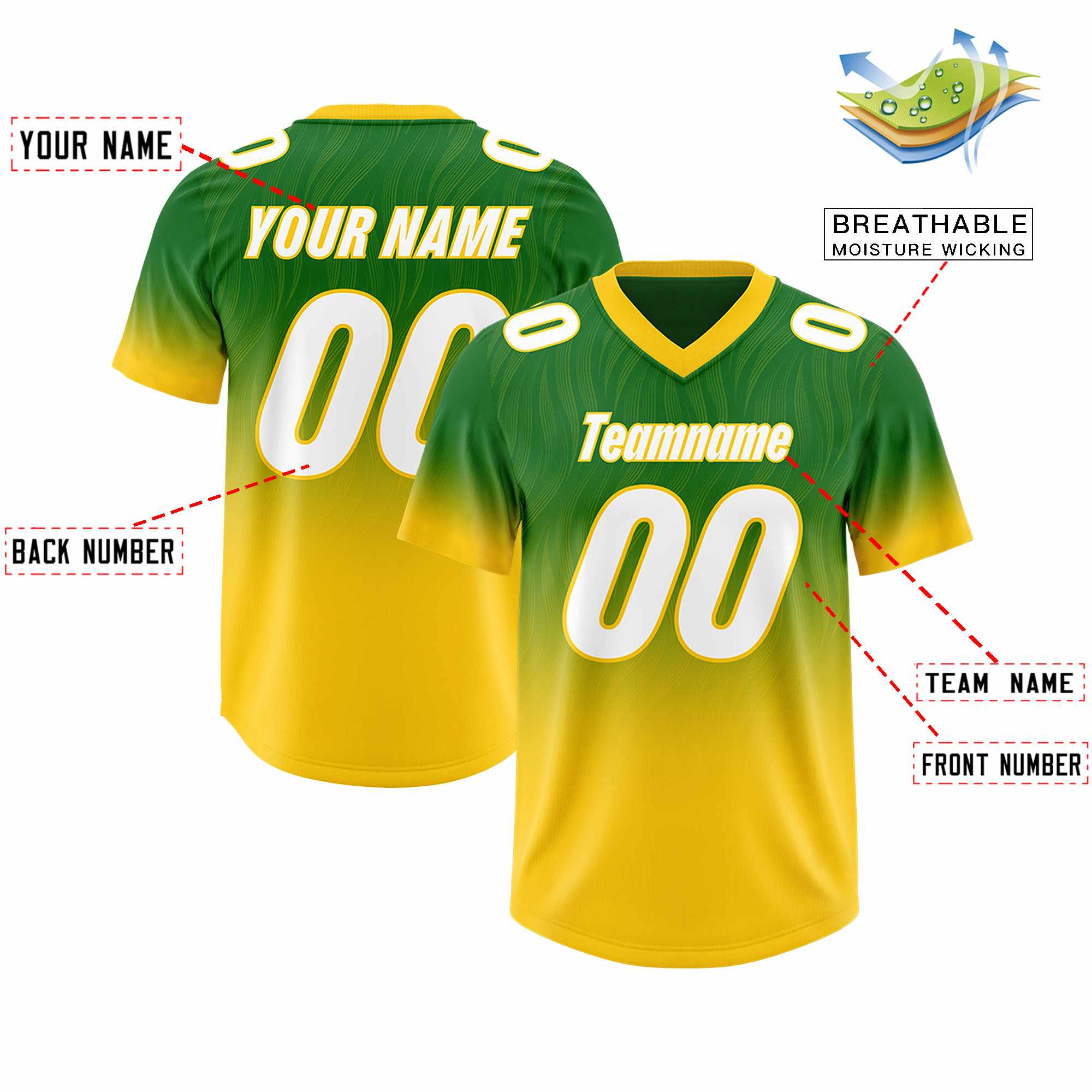 Custom Kelly Green Gold Gradient Fashion Outdoor Authentic American Football Jersey