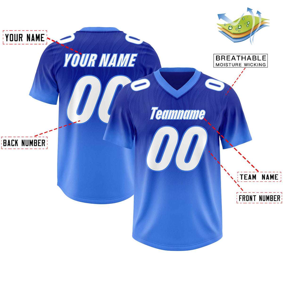 Custom Royal Powder Blue Gradient Fashion Outdoor Authentic American Football Jersey