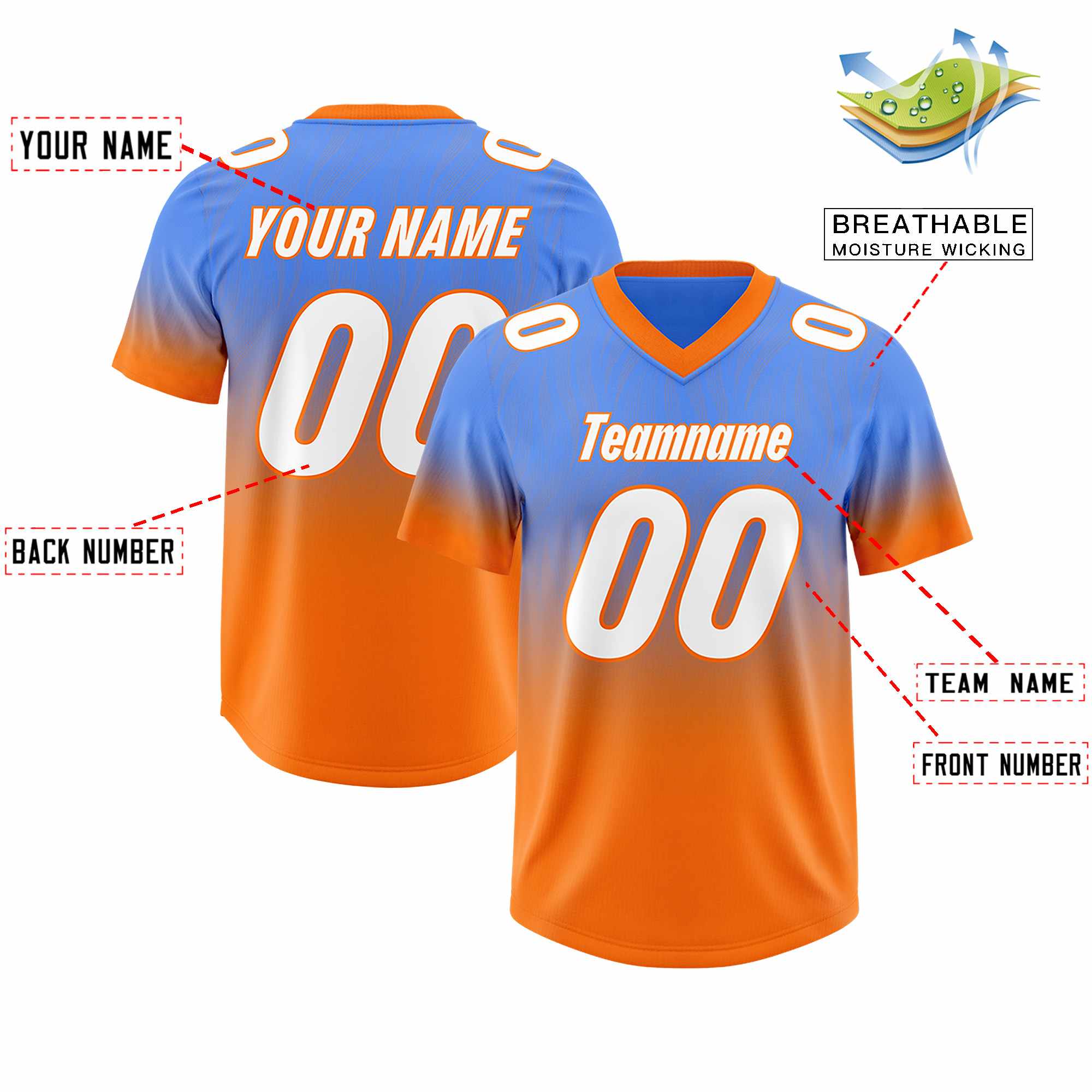 Custom Powder Blue Orange Gradient Fashion Outdoor Authentic American Football Jersey