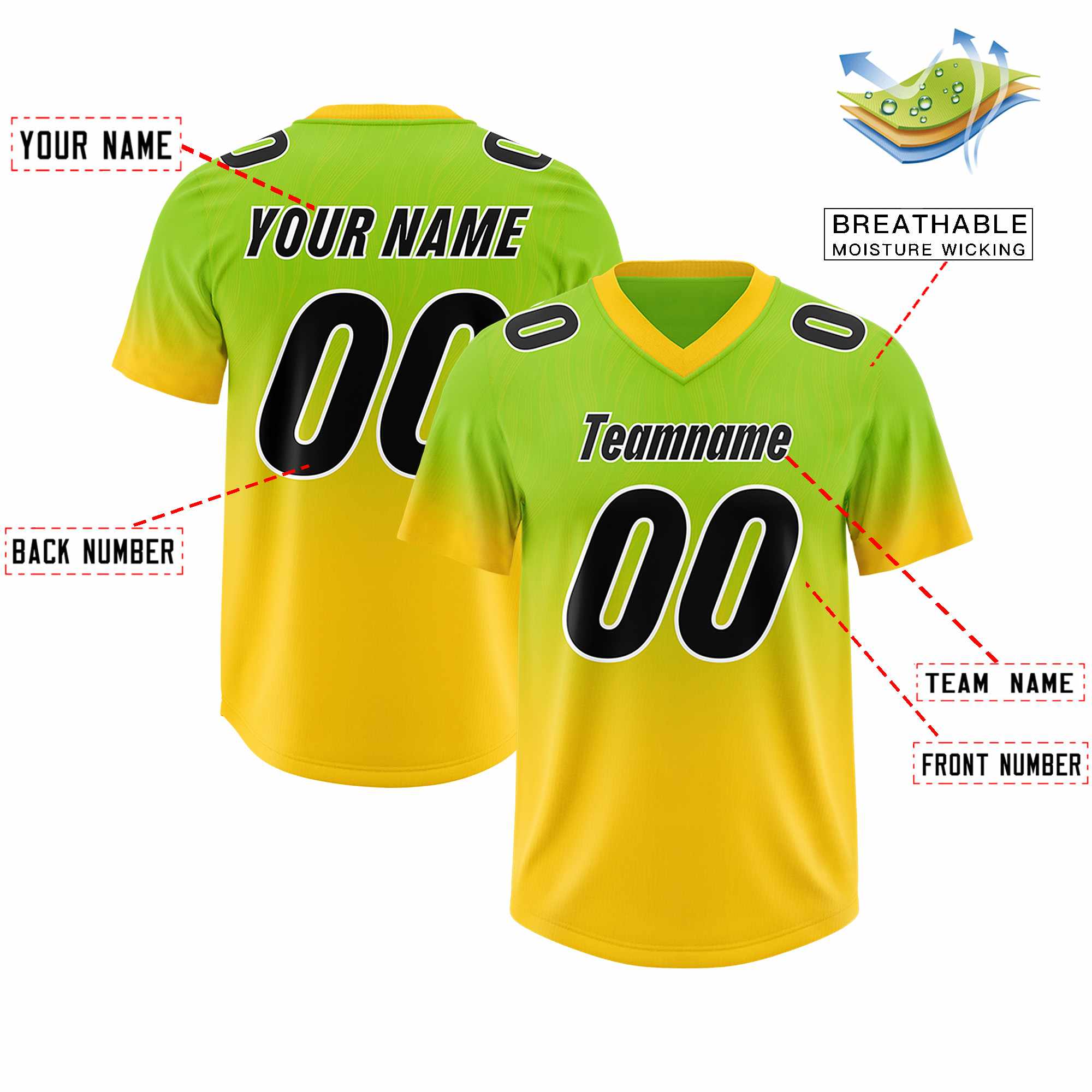 Custom Neon Green Gold Gradient Fashion Outdoor Authentic American Football Jersey