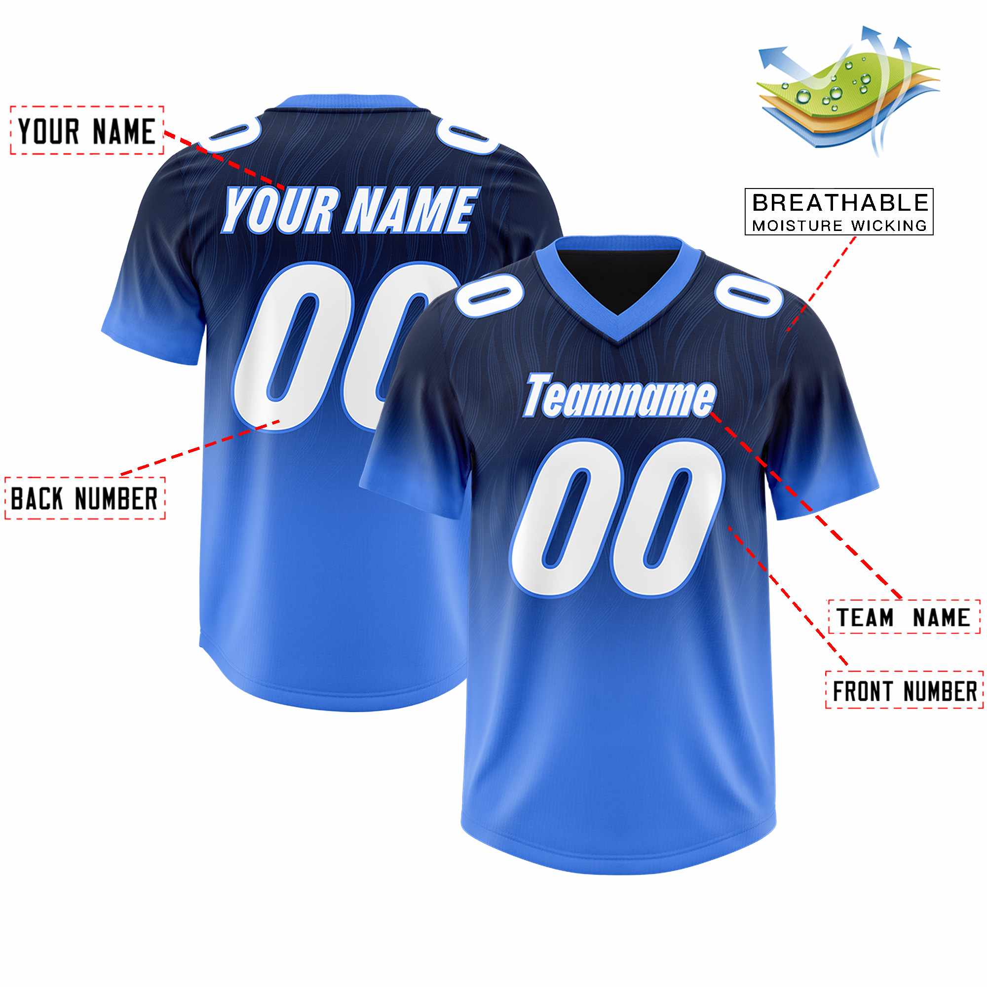 Custom Navy Powder Blue Gradient Fashion Outdoor Authentic American Football Jersey