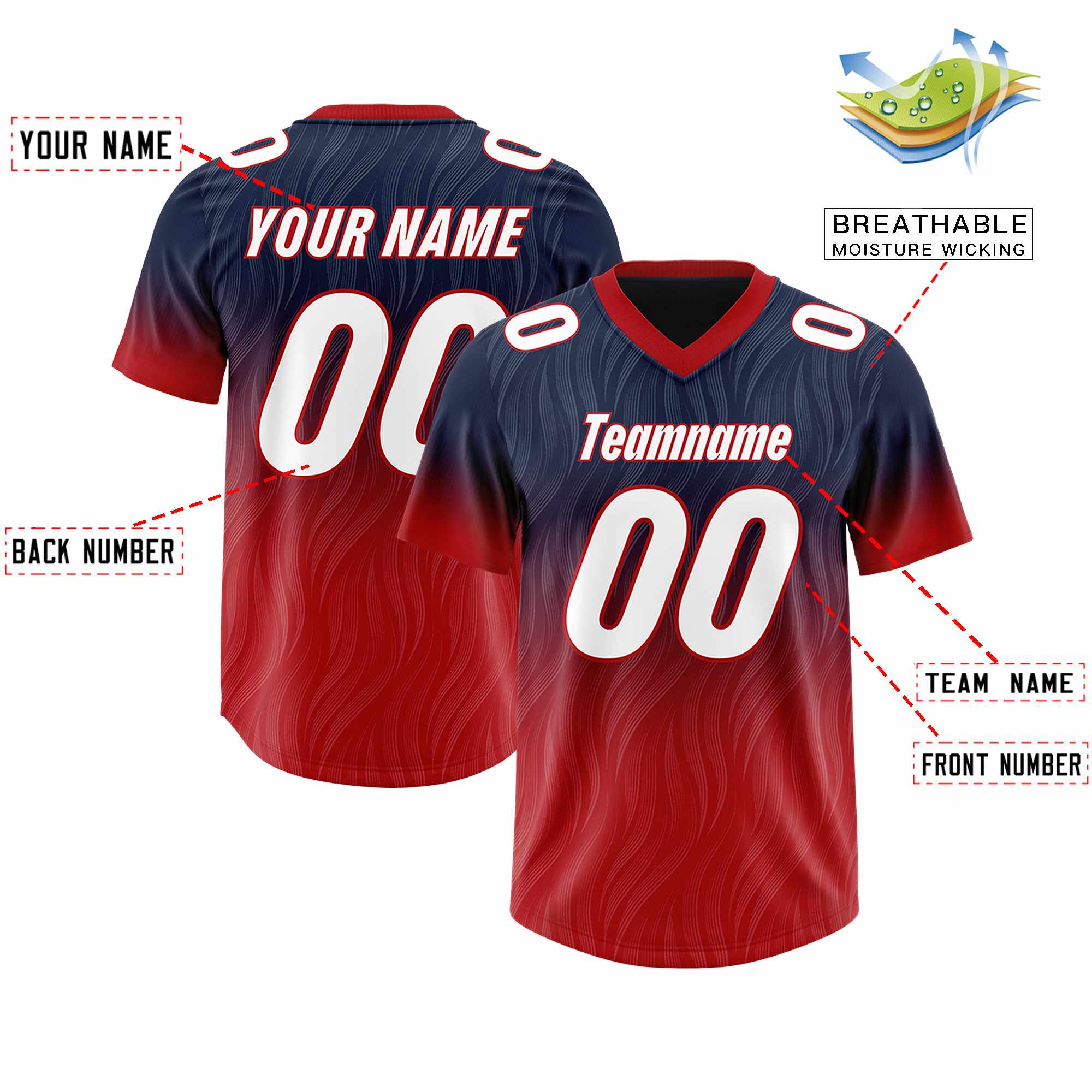 Custom Navy Red Gradient Fashion Outdoor Authentic American Football Jersey