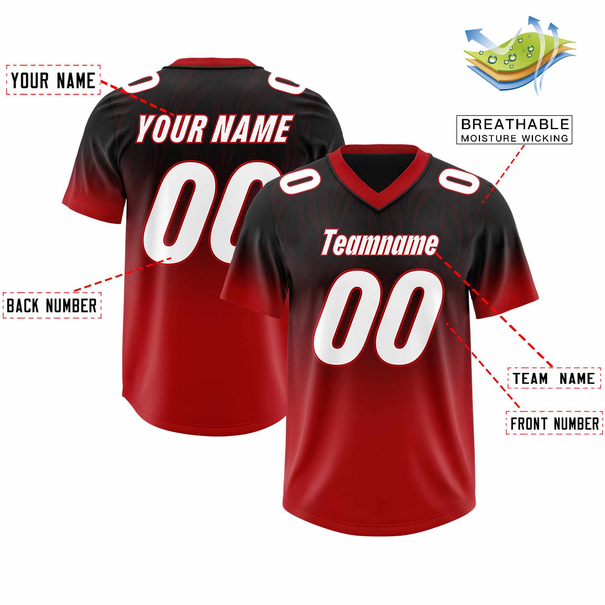 Custom Black Red Gradient Fashion Outdoor Authentic American Football Jersey