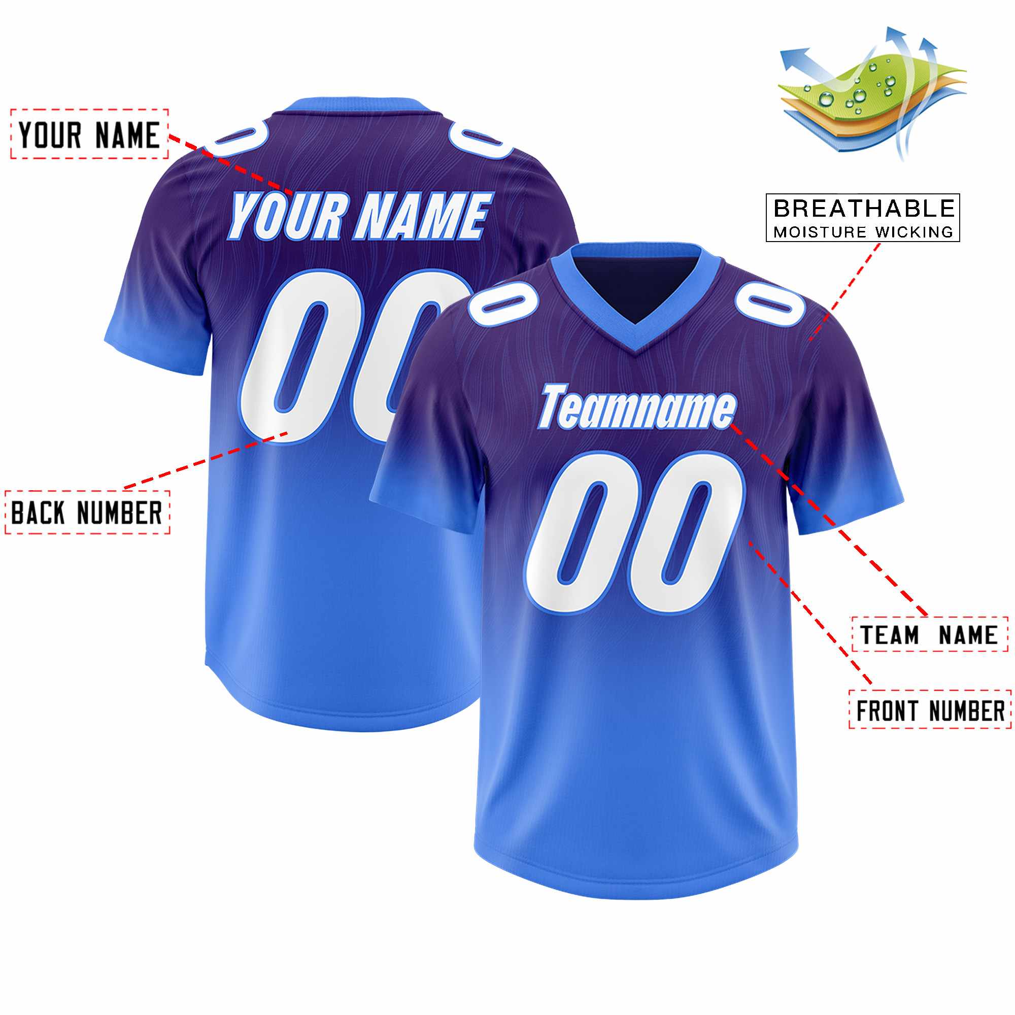 Custom Purple Powder Blue Gradient Fashion Outdoor Authentic American Football Jersey
