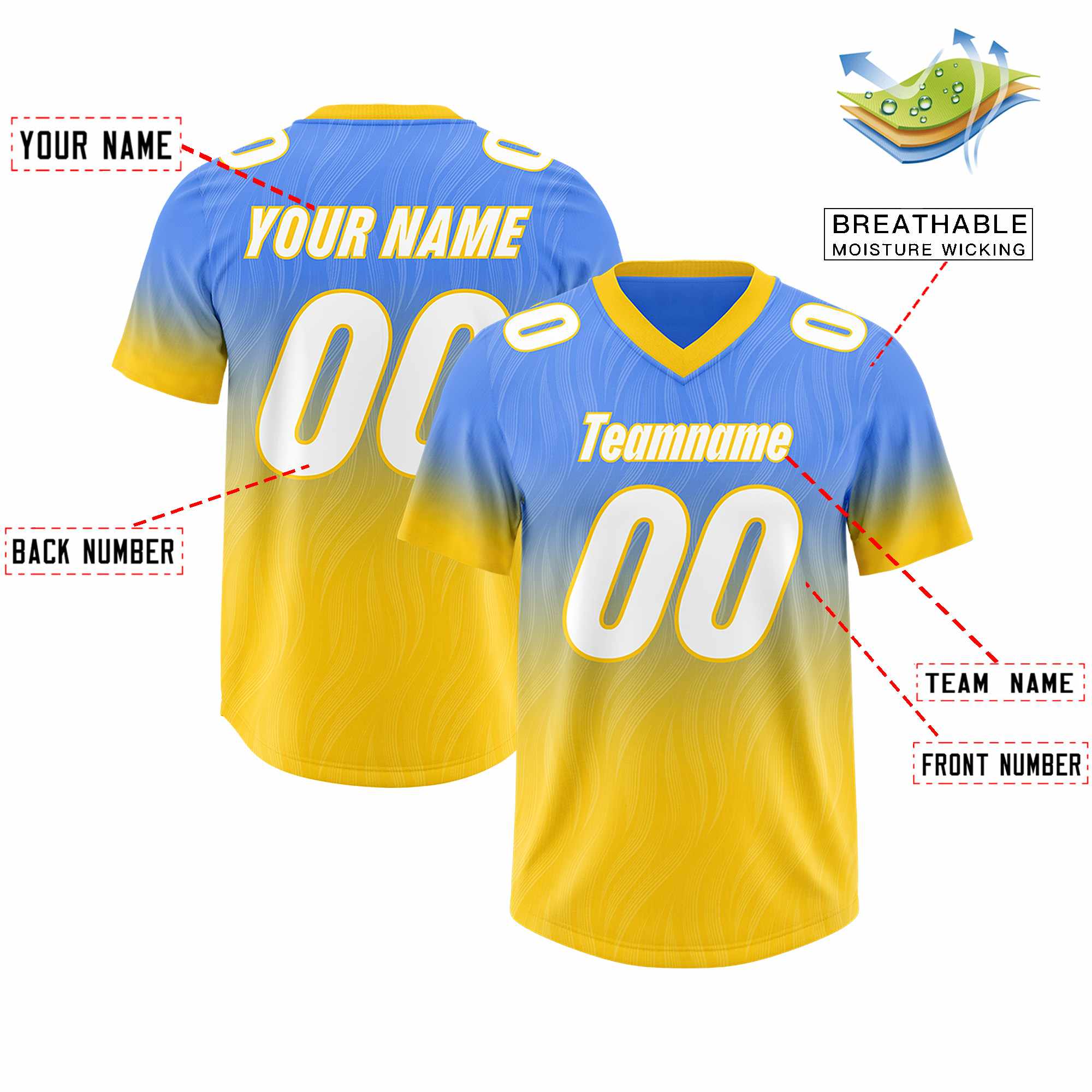 Custom Powder Blue Gold Gradient Fashion Outdoor Authentic American Football Jersey