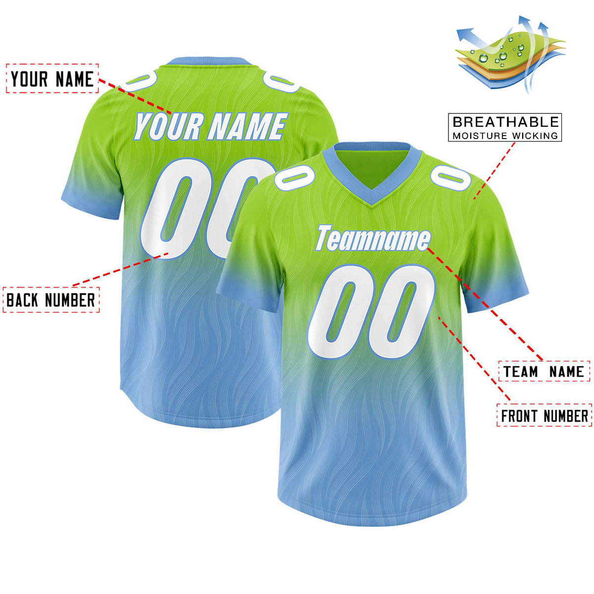 Custom Neon Green Powder Blue Gradient Fashion Outdoor Authentic American Football Jersey