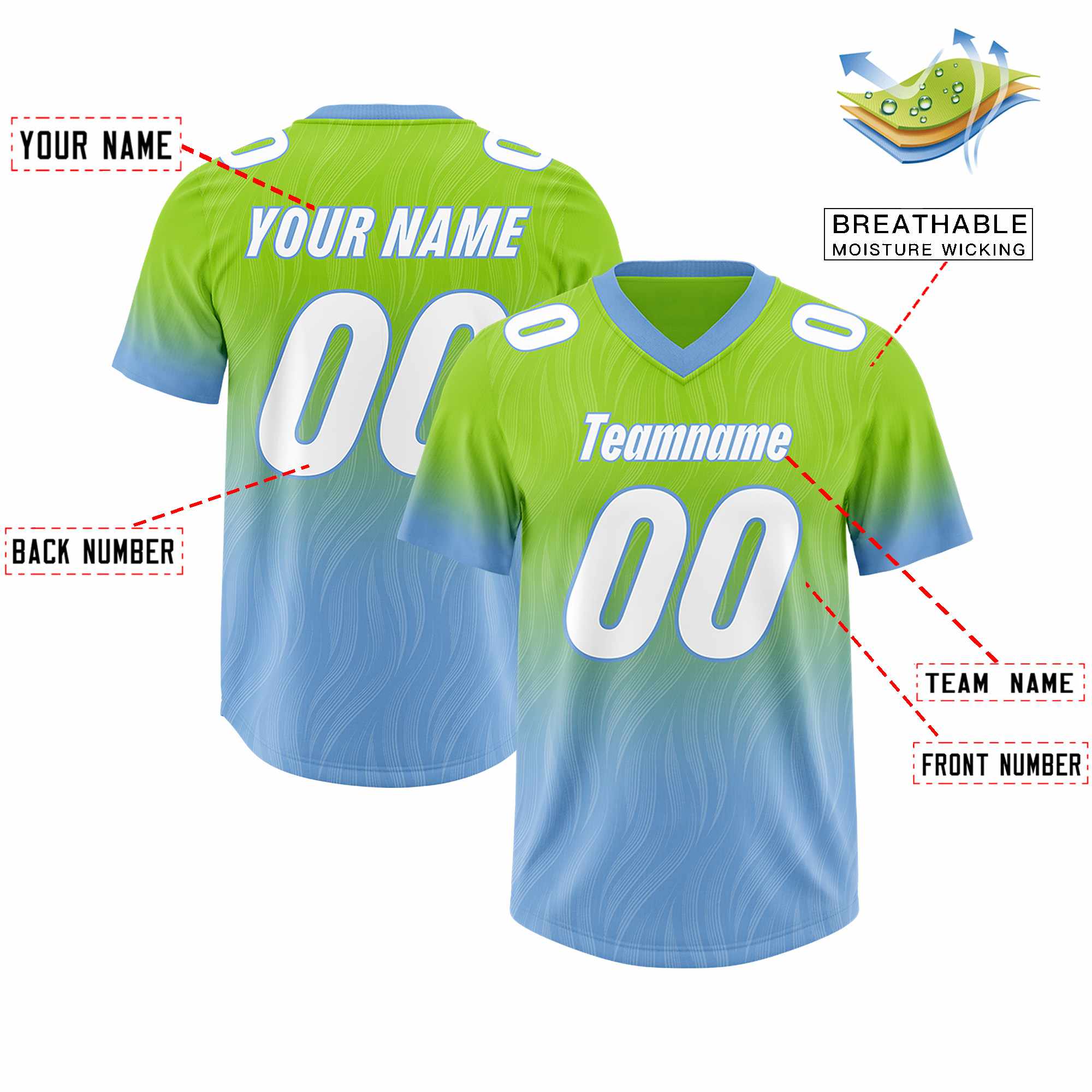 Custom Neon Green Powder Blue Gradient Fashion Outdoor Authentic American Football Jersey
