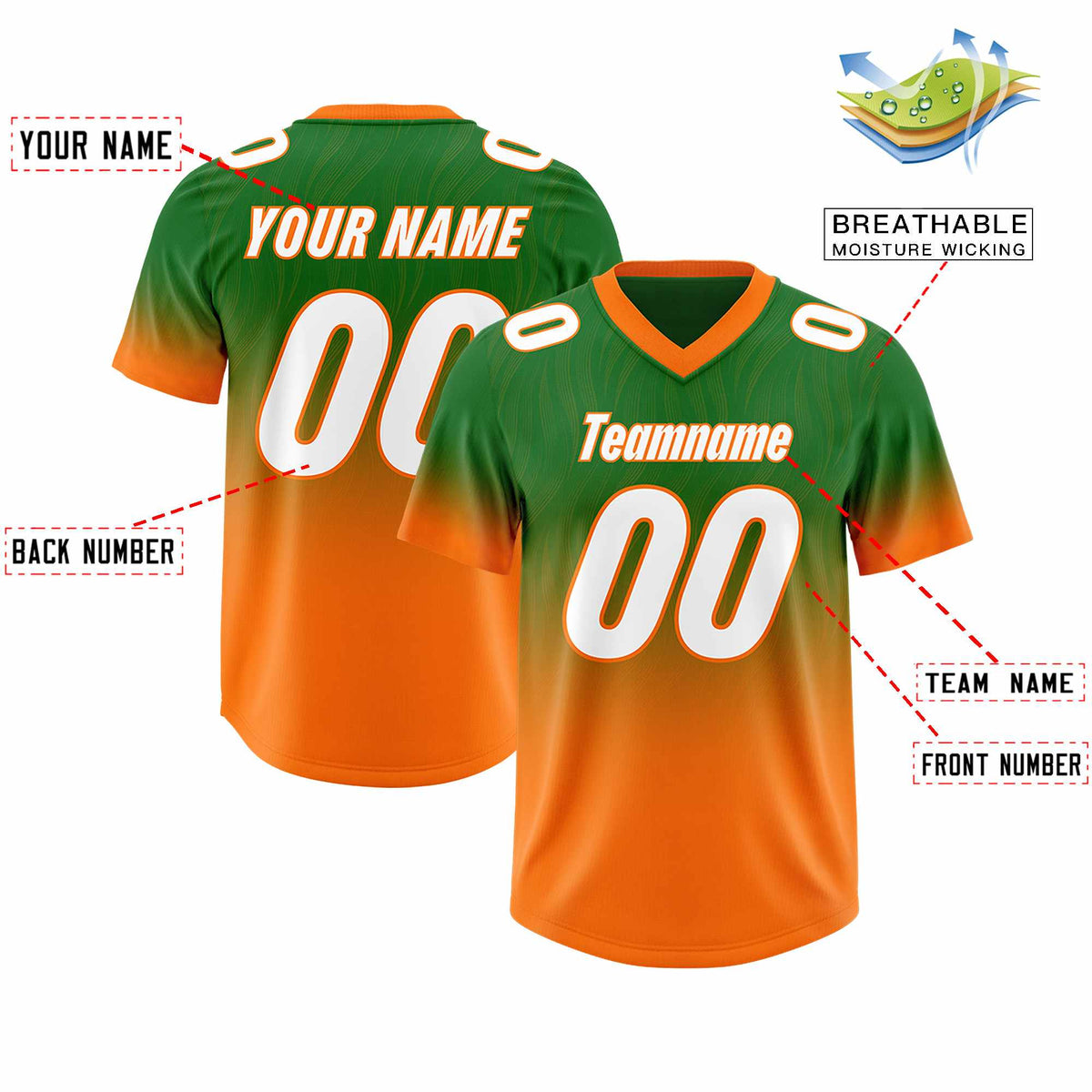 Custom Kelly Green Orange Gradient Fashion Outdoor Authentic American Football Jersey