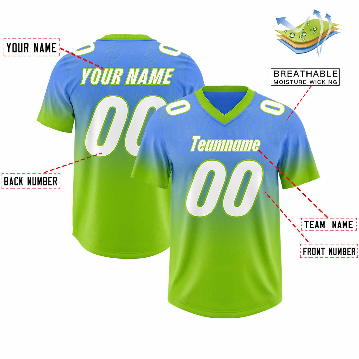 Custom Powder Blue Neon Green Gradient Fashion Outdoor Authentic American Football Jersey