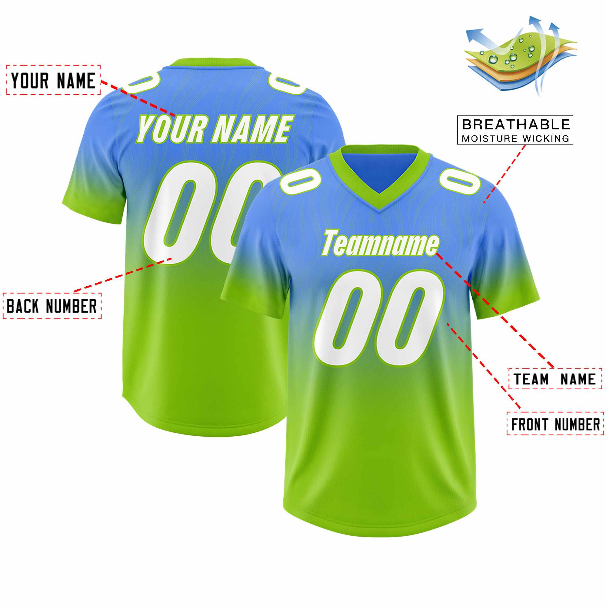 Custom Powder Blue Neon Green Gradient Fashion Outdoor Authentic American Football Jersey