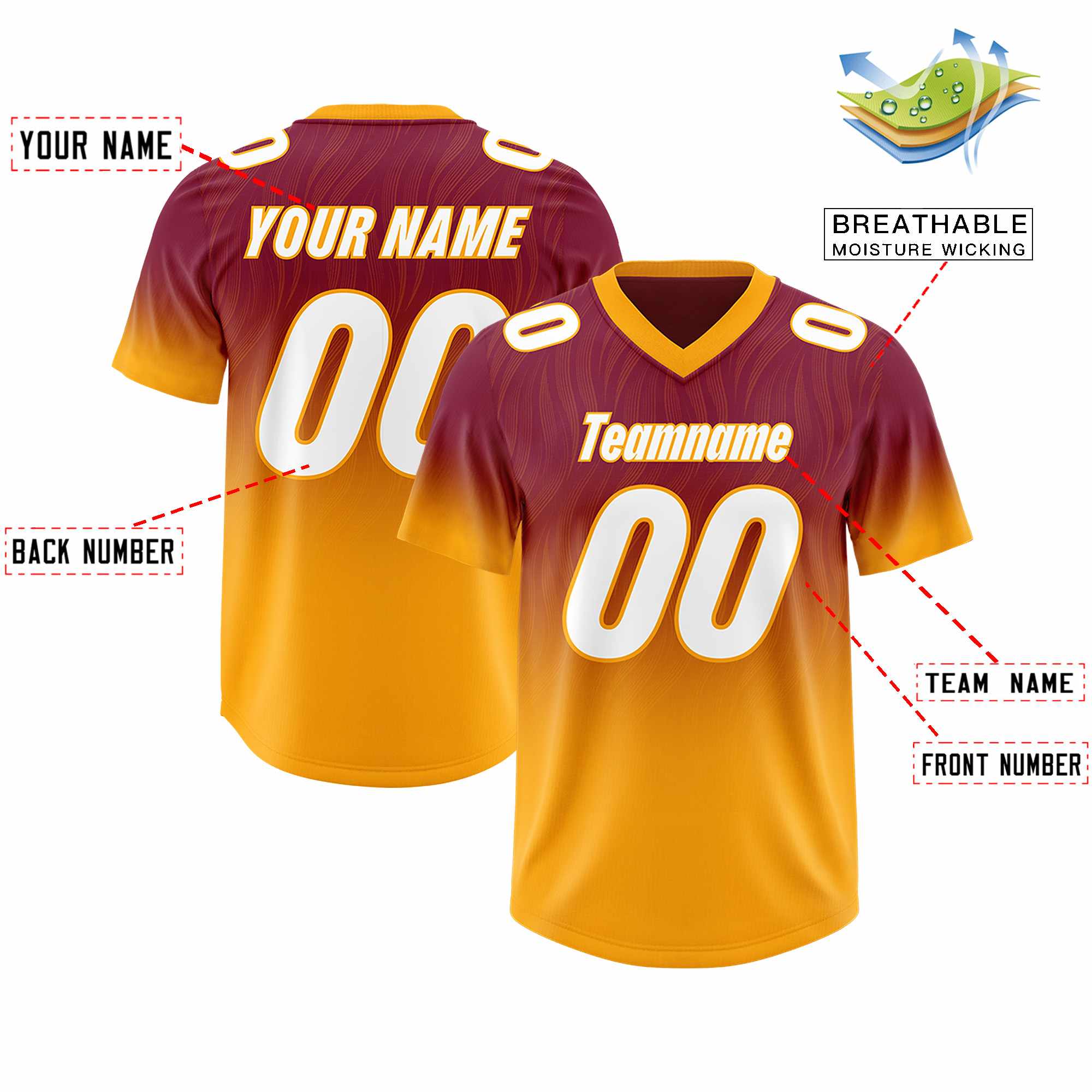 Custom Cardinal Yellow Gradient Fashion Outdoor Authentic American Football Jersey