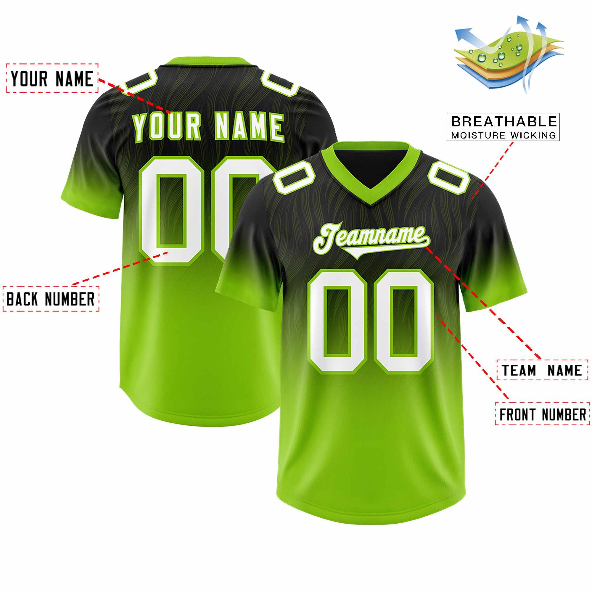 Custom Black Neon Green Gradient Fashion Outdoor Authentic American Football Jersey