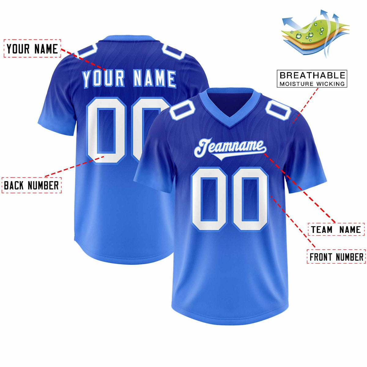 Custom Royal Powder Blue Gradient Fashion Outdoor Authentic American Football Jersey
