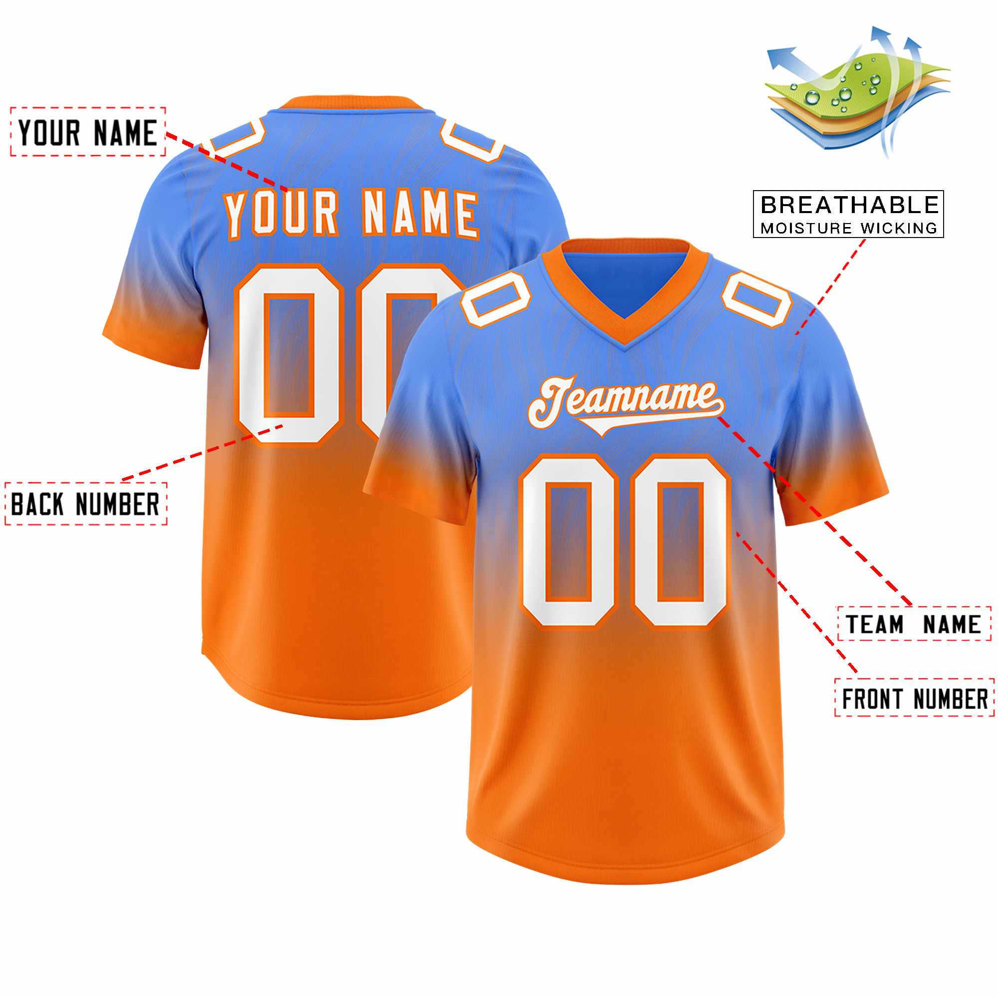 Custom Powder Blue Orange Gradient Fashion Outdoor Authentic American Football Jersey