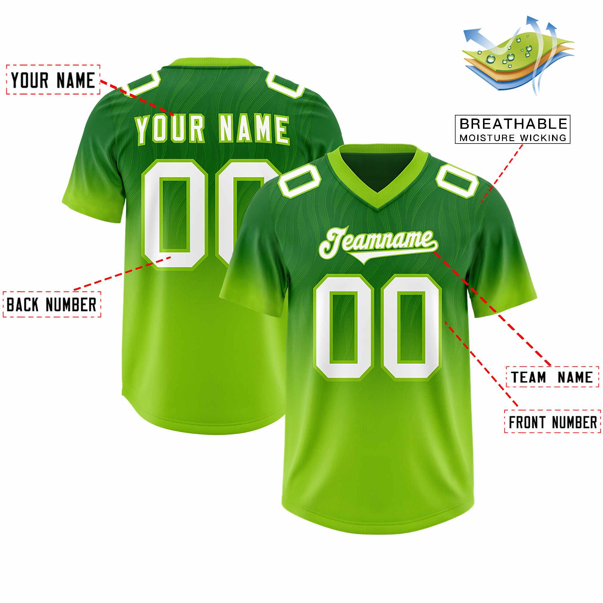 Custom Kelly Green Neon Green Gradient Fashion Outdoor Authentic American Football Jersey