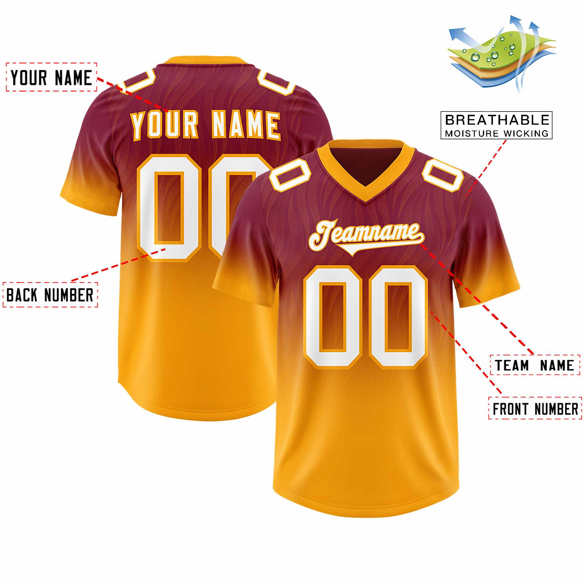 Custom Cardinal Yellow Gradient Fashion Outdoor Authentic American Football Jersey