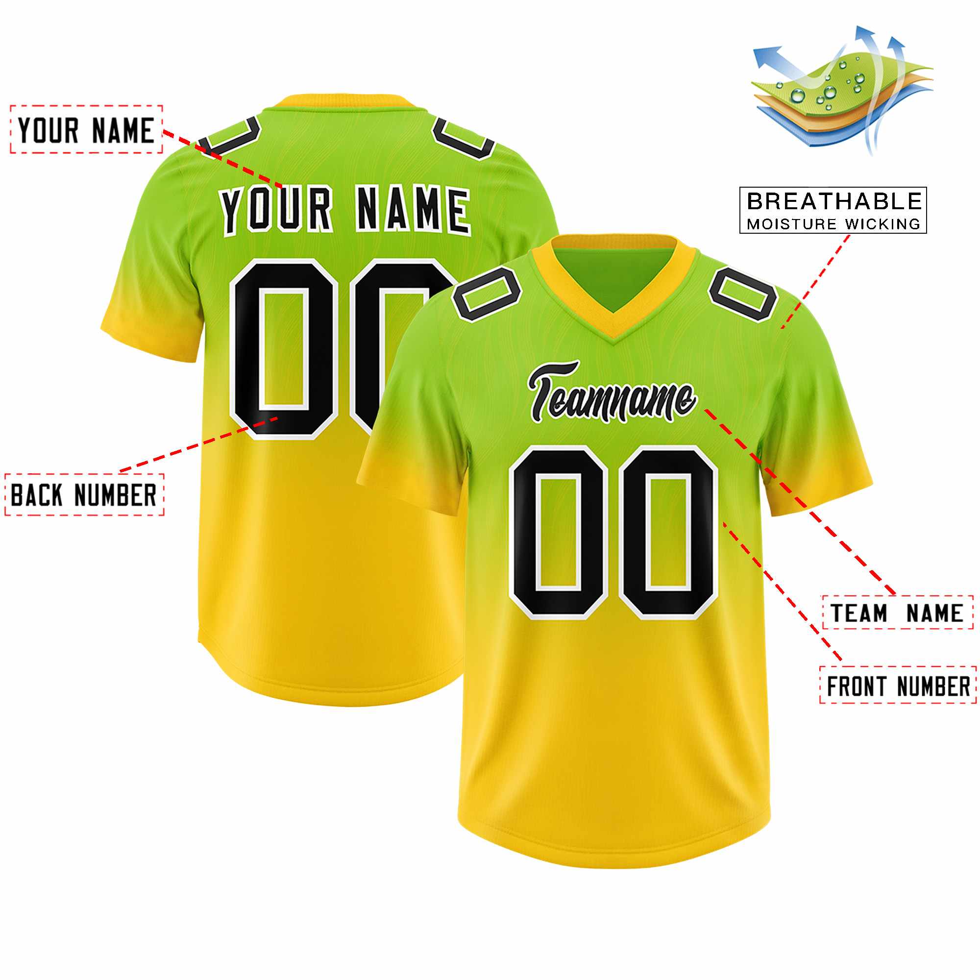Custom Neon Green Gold Gradient Fashion Outdoor Authentic American Football Jersey