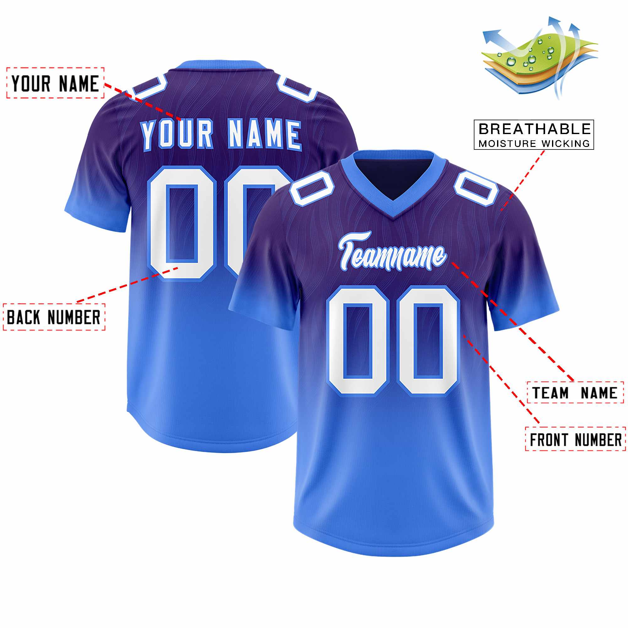 Custom Purple Powder Blue Gradient Fashion Outdoor Authentic American Football Jersey